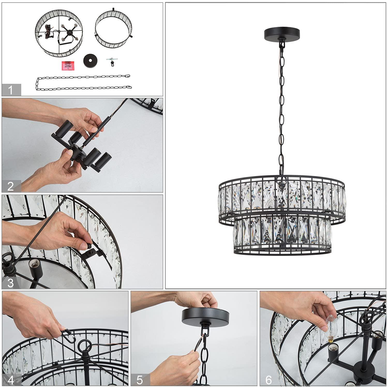 Crystal Chandelier for Dining Room, 4-Light Round Chandelier 2-Tier, 15.5" Dia