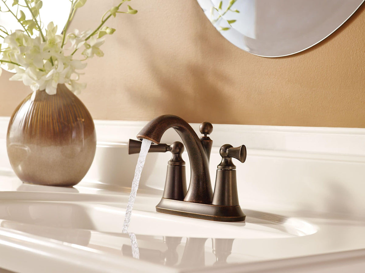 MOEN Wynford 4505ORB Centerset Bathroom Faucet in Bronze, Drain & Valve Included