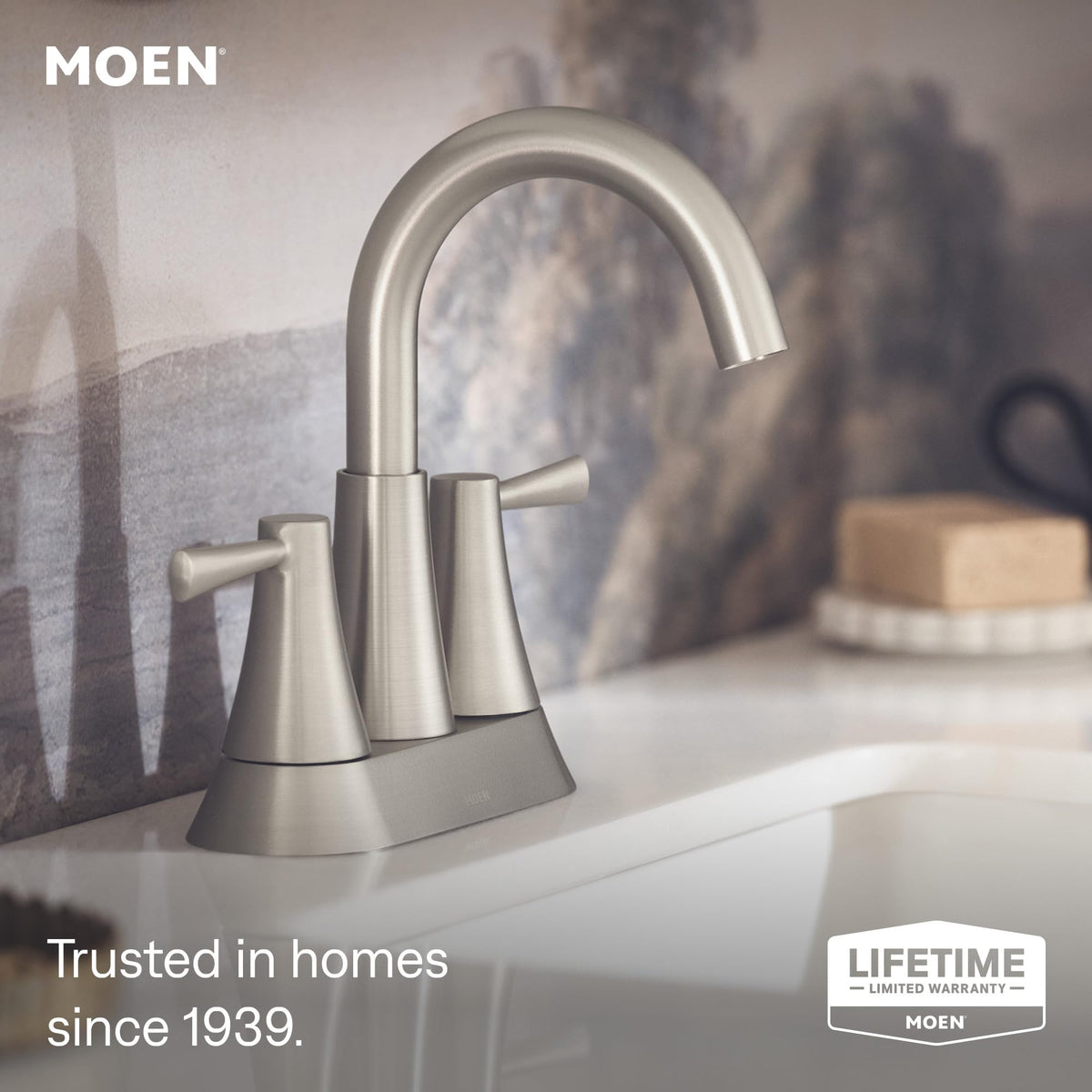 MOEN Ronan 84022SRN Centerset Bathroom Faucet in Nickel (Drain & Valve Included)