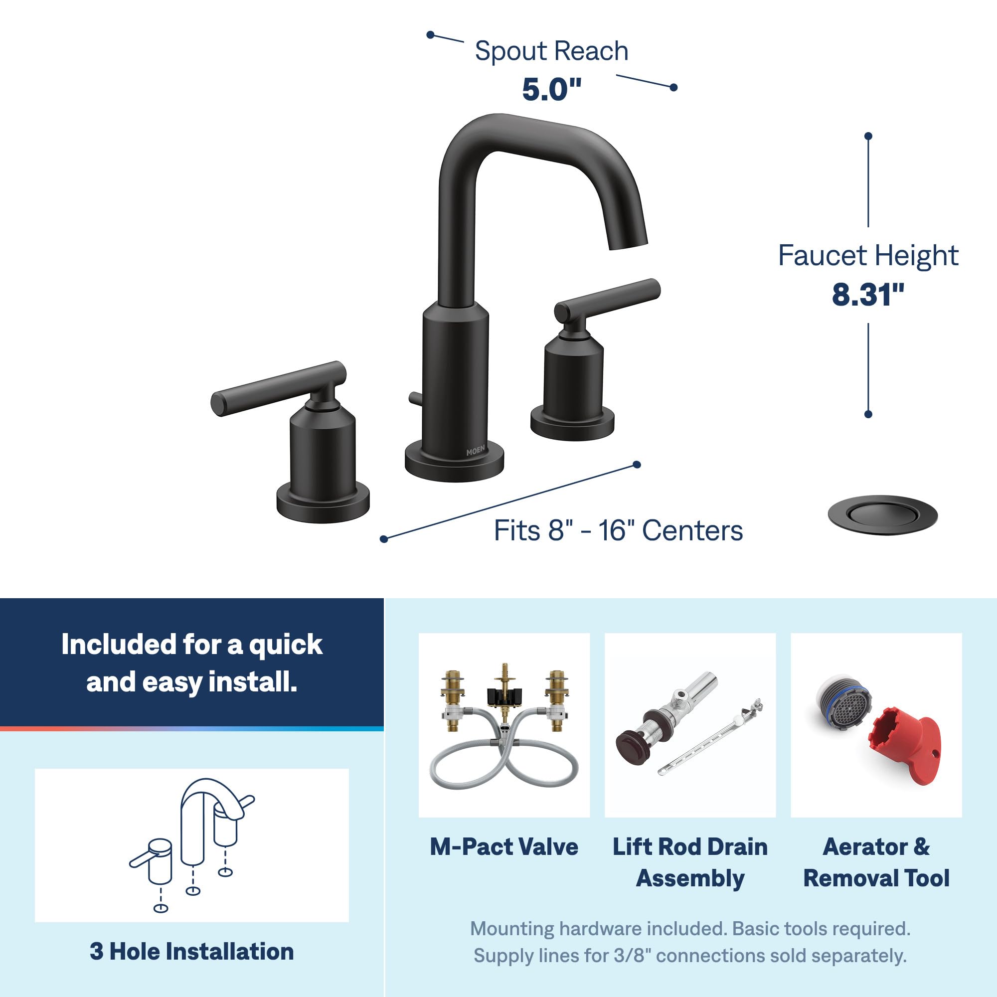 MOEN Gibson TV6142BL Two-Handle 8-Inch Widespread Bathroom Faucet in Matte Black (Valve Included)