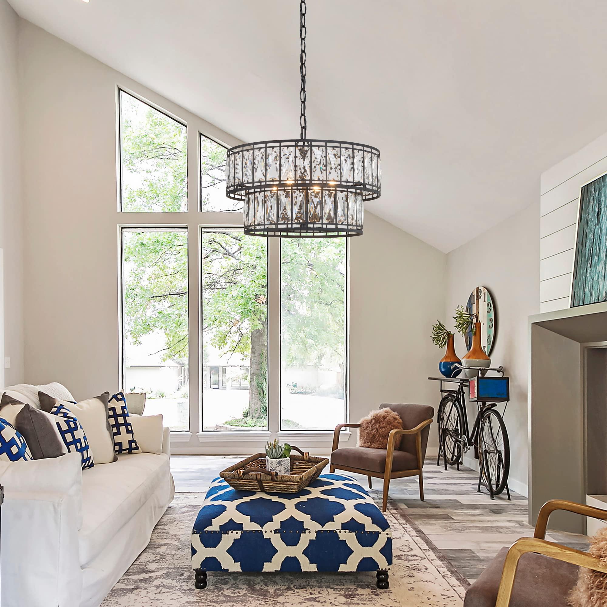 Crystal Chandelier for Dining Room, 4-Light Round Chandelier 2-Tier, 15.5" Dia