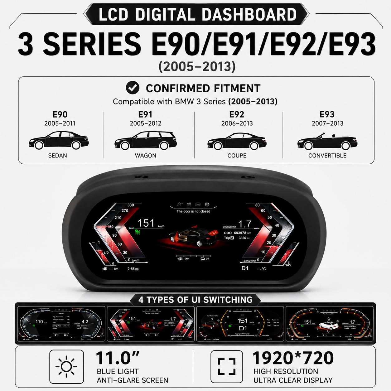 11" Digital LCD Instrument Cluster Dashboard for BMW 3 Series E90 E91 E92 E93 2005–2012