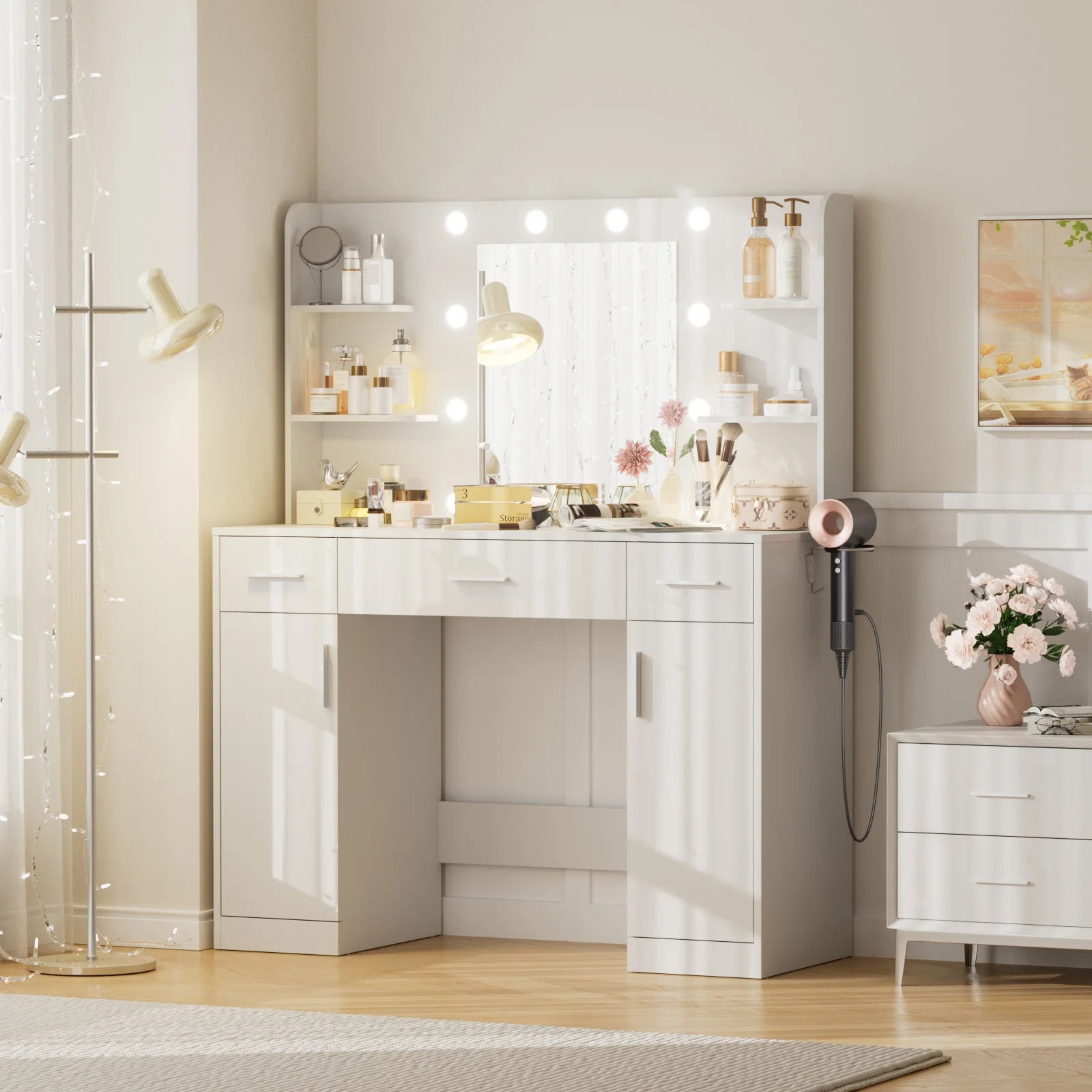 Vanity Desk with Mirror, LED Lights & Adjustable Brightness, Bedroom Dresser