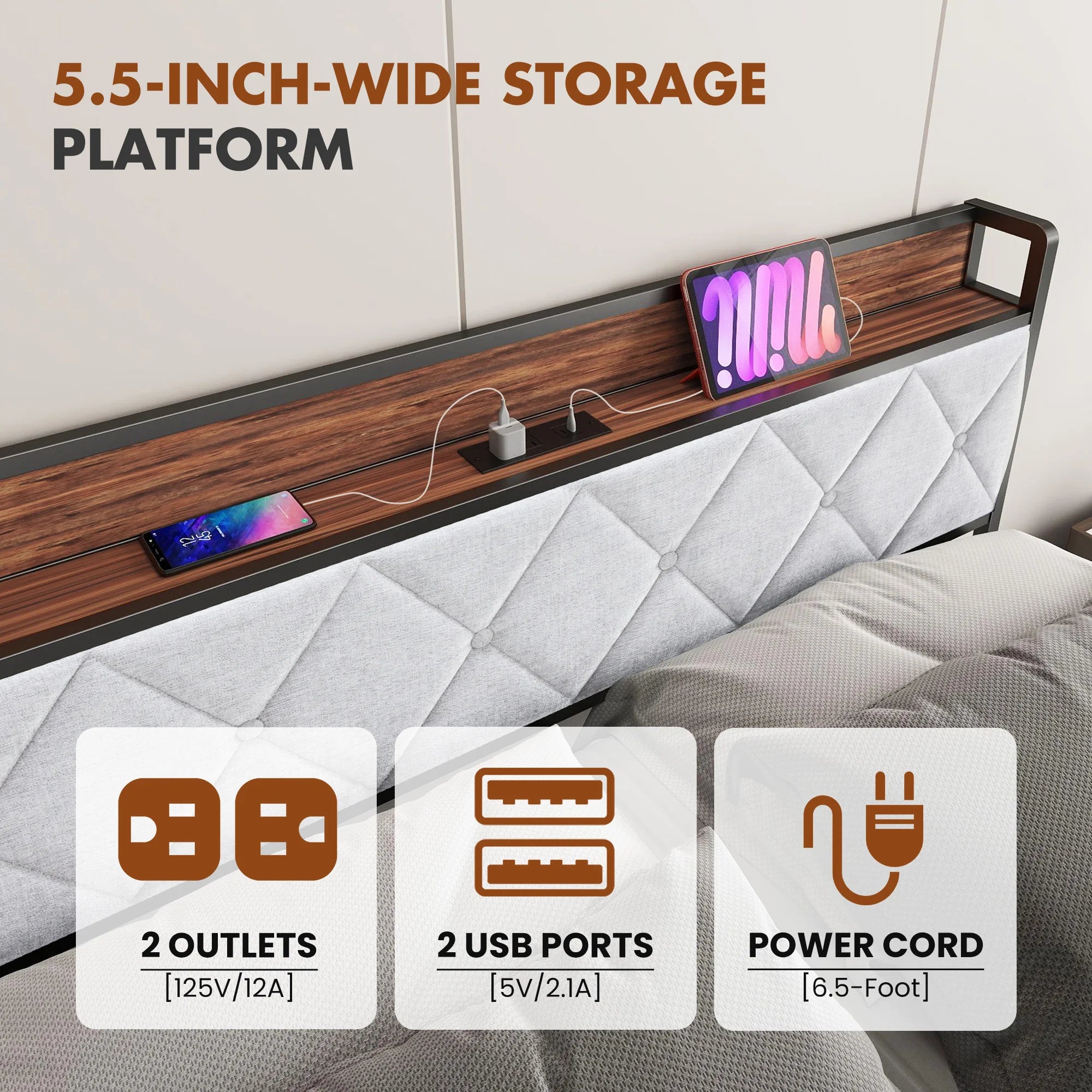 Soft Pack Heavy Duty Metal Bed Frame with Headboard Charging Station For Bedroom