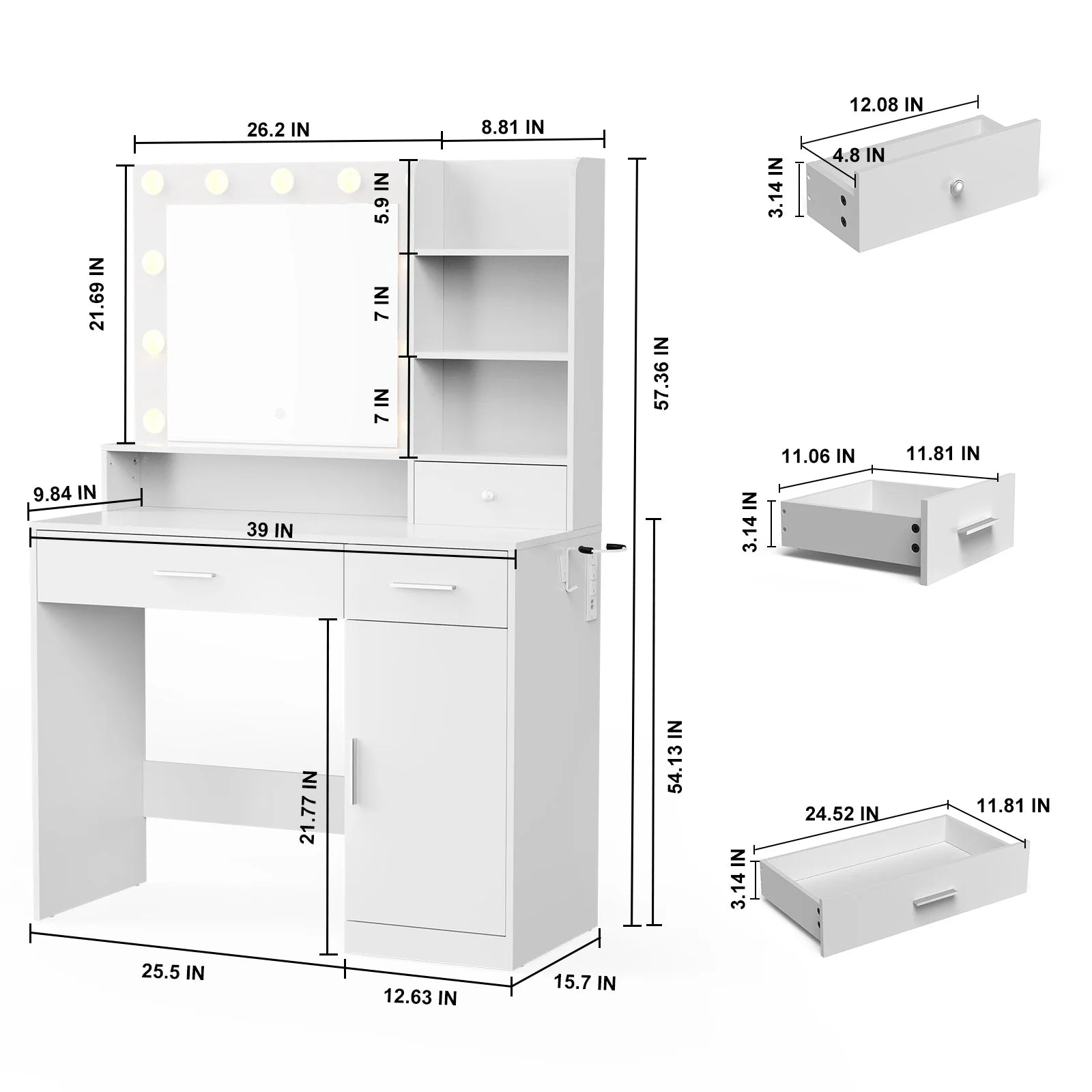 Vanity Desk with Mirror, LED Lights & Adjustable Brightness, Bedroom Dresser