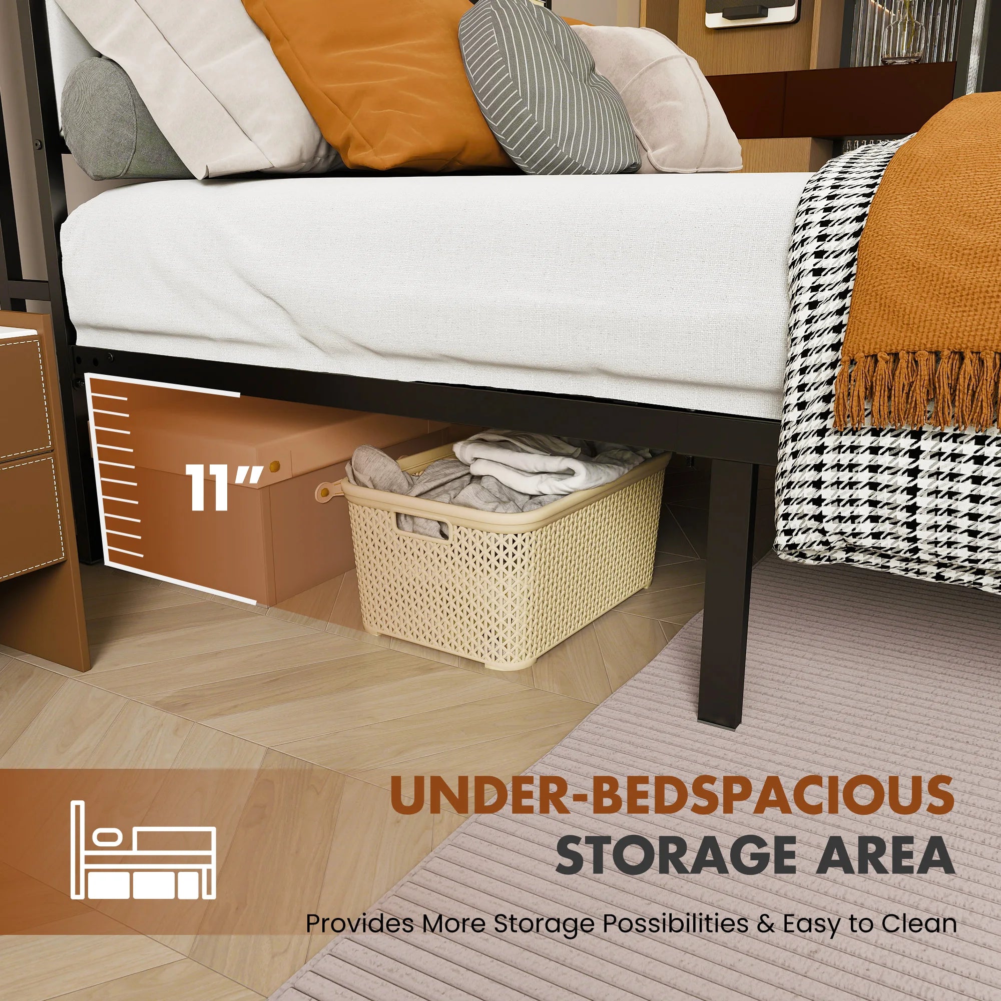 Soft Pack Heavy Duty Metal Bed Frame with Headboard Charging Station For Bedroom