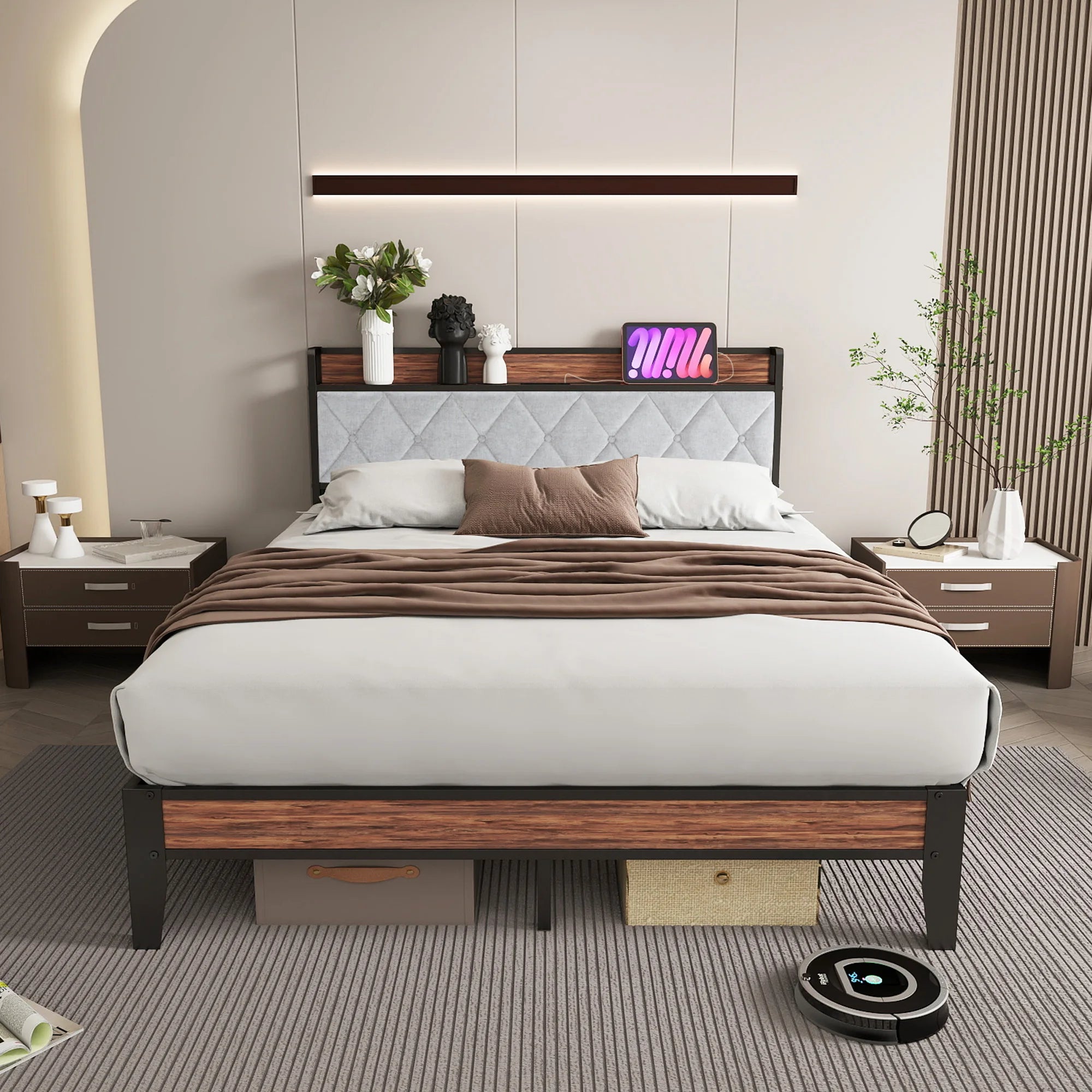 Soft Pack Heavy Duty Metal Bed Frame with Headboard Charging Station For Bedroom