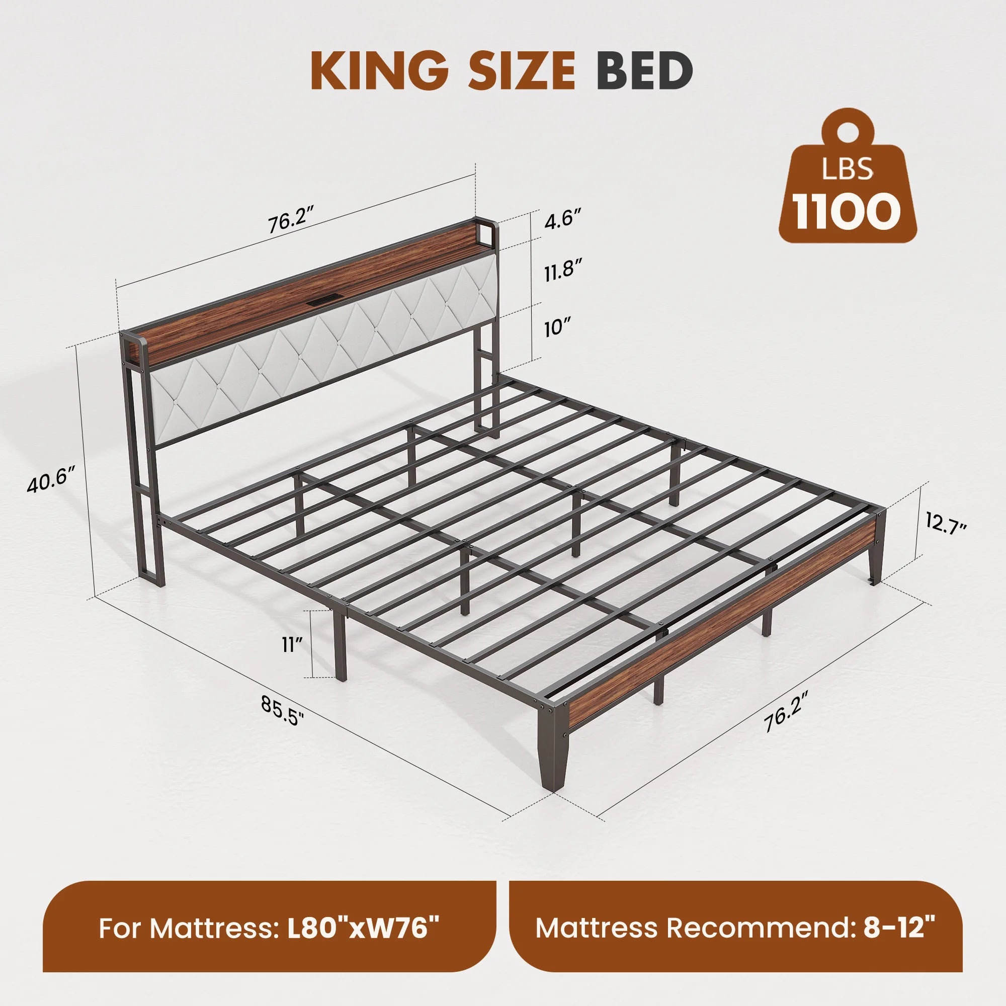 Soft Pack Heavy Duty Metal Bed Frame with Headboard Charging Station For Bedroom