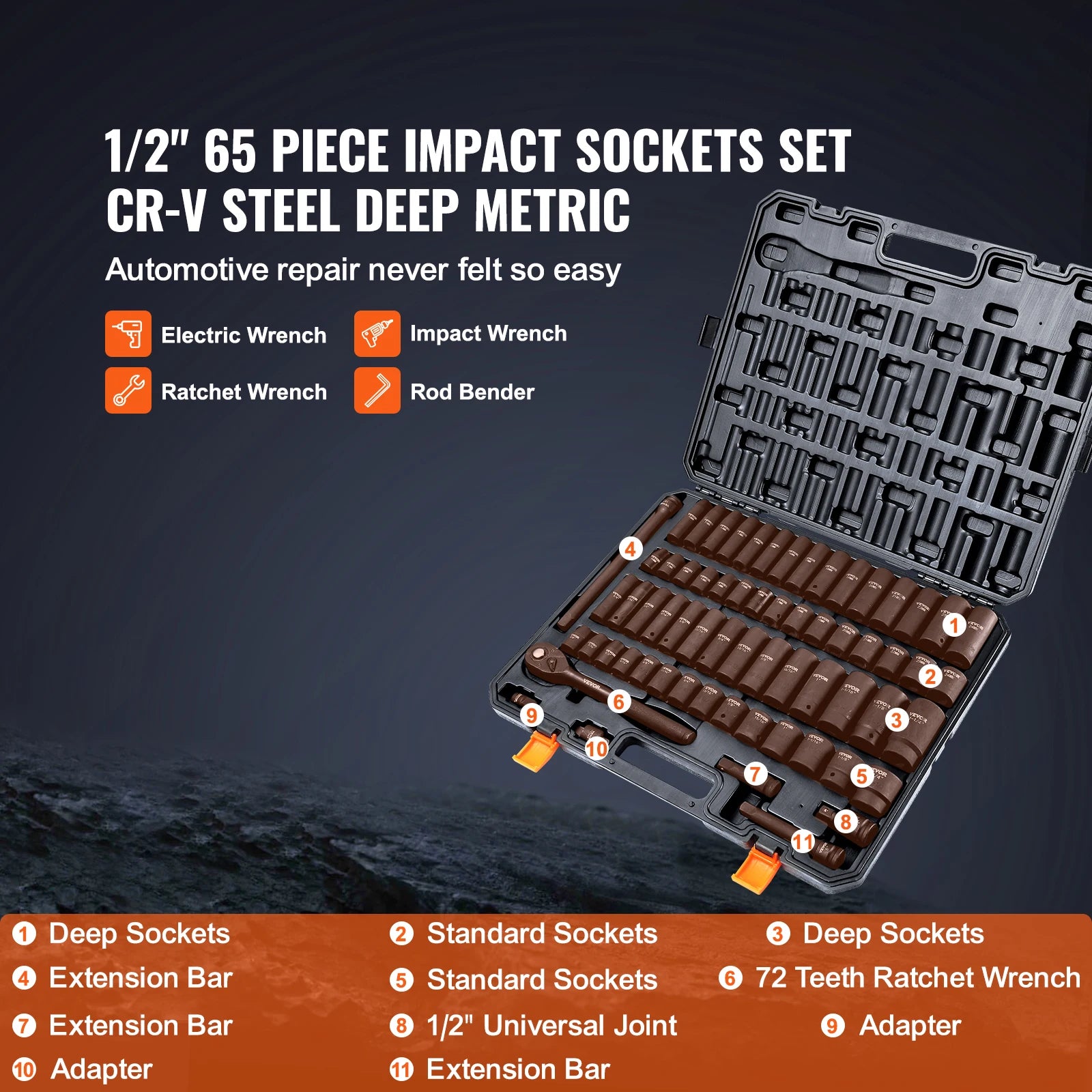 VEVOR 1/2in Alloy Steel Impact Sockets Set with 65pcs 6-Point Drive Bit Tool Kit