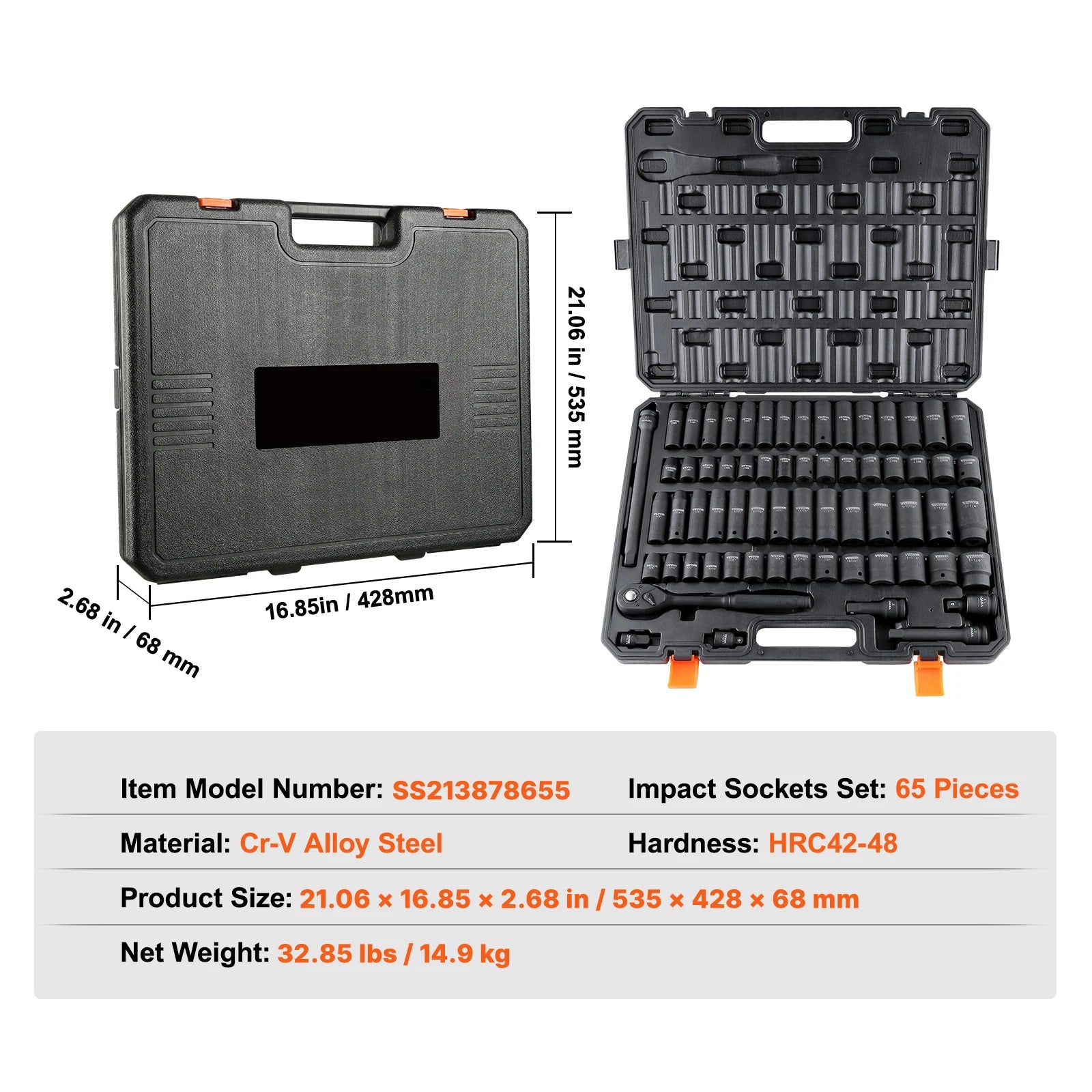 VEVOR 1/2in Alloy Steel Impact Sockets Set with 65pcs 6-Point Drive Bit Tool Kit