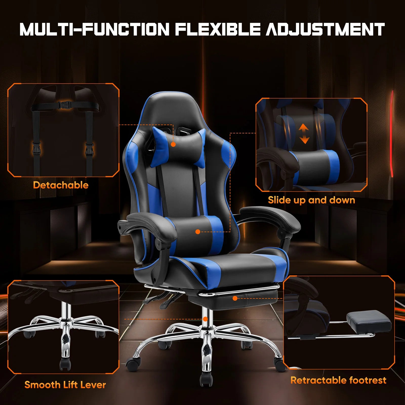 Gaming Chair with Adjustable Swivel PU Leather with Headrest and Lumbar Support
