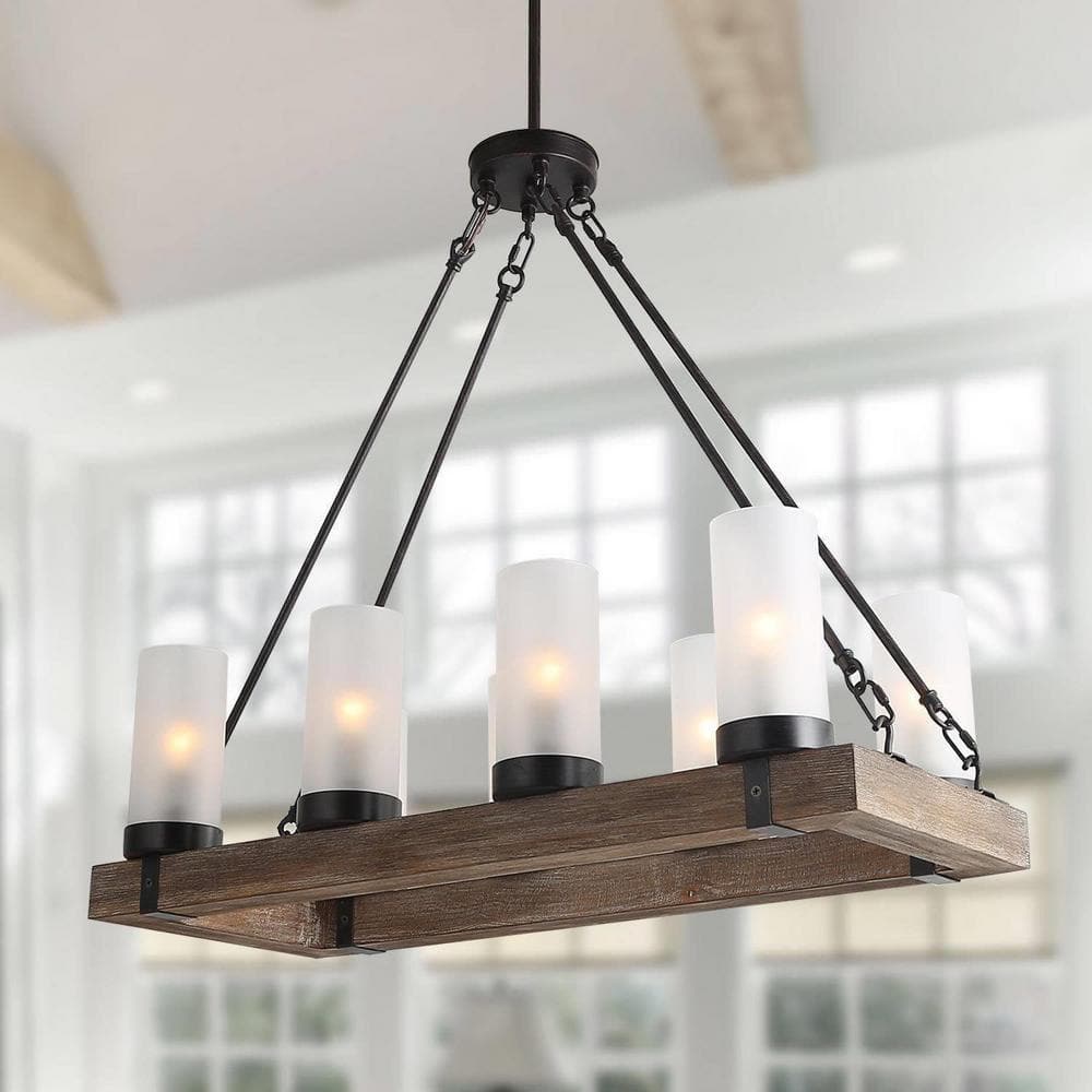 Wood Chandelier Farmhouse 8-Light Brown Linear Black Chandelier Island Pendant Light with Frosted Cylinder Glass Shades - Like New