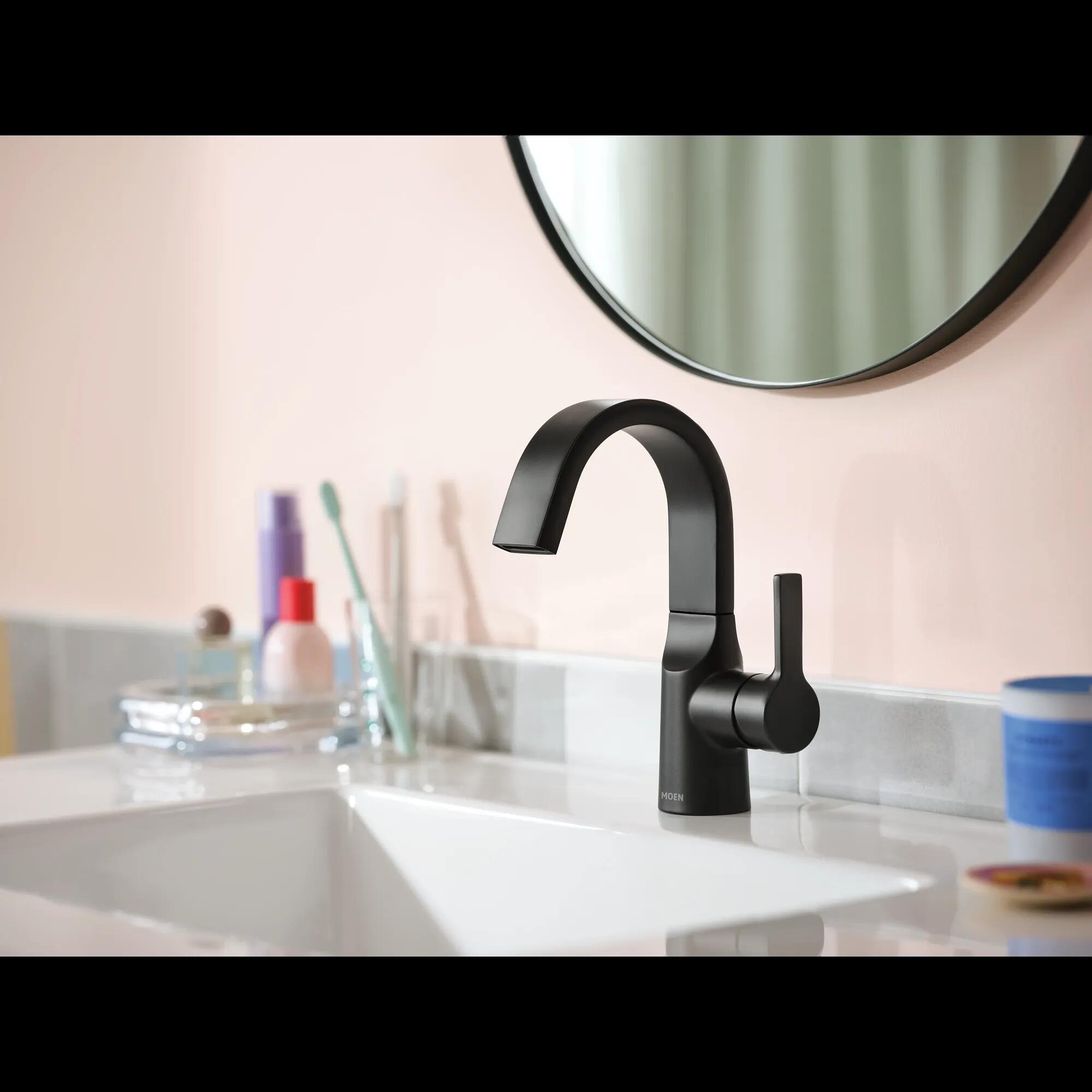 MOEN Avri 84156BL One-Handle Single-Hole Bathroom Faucet in Matte Black (Drain Included)