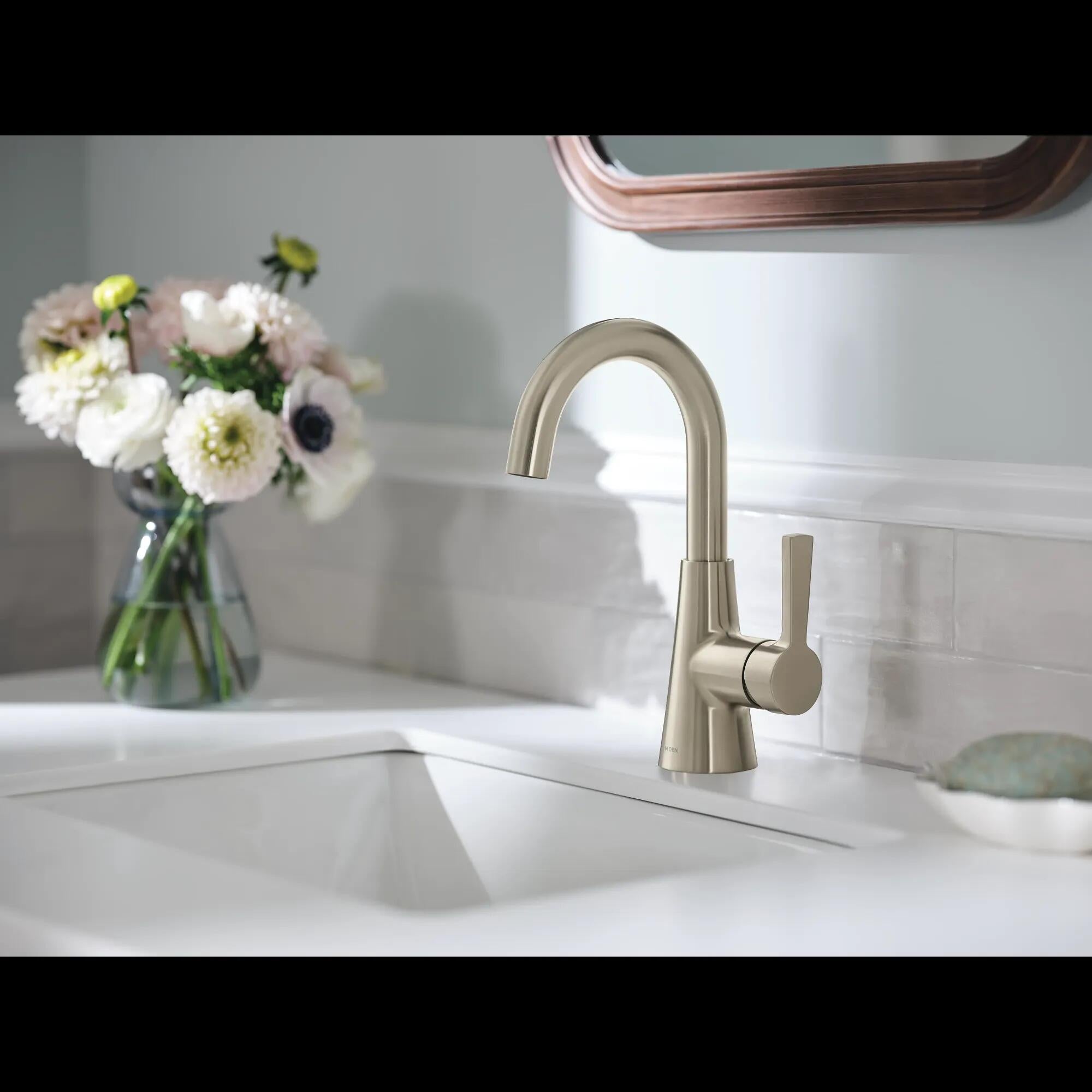 MOEN Jase 64430BN One-Handle Single Hole Bathroom Sink Faucet in Brushed Nickel (Drain Included)