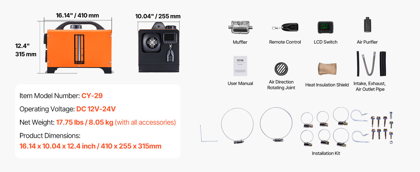 VEVOR Portable Diesel Air Heater 8KW DC 12V/24V All in One 1.3 Gal with Remote