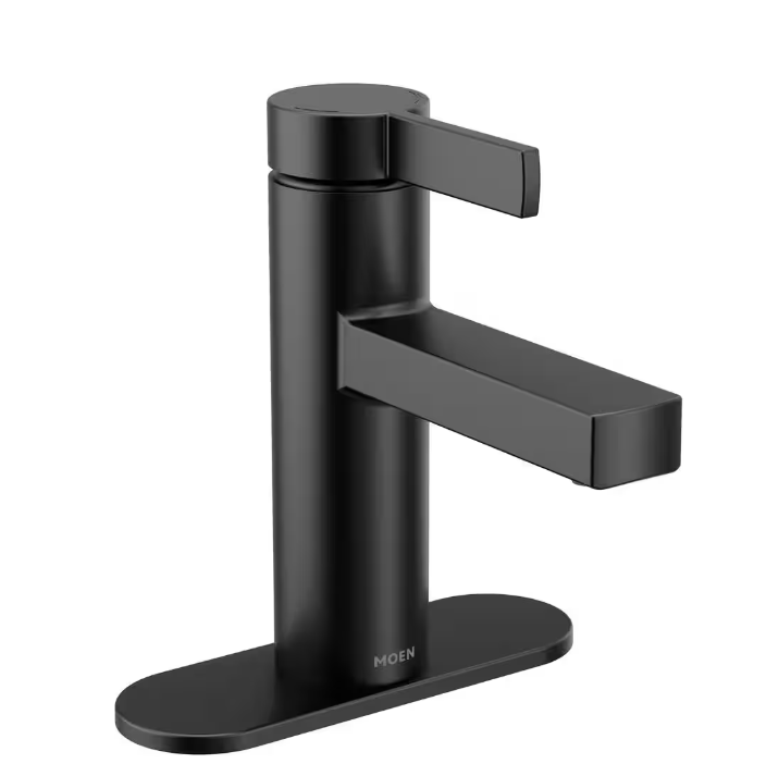 MOEN Beric 84774BL Single Hole Bathroom Faucet with Push Pop-Up Drain Assembly in Matte Black