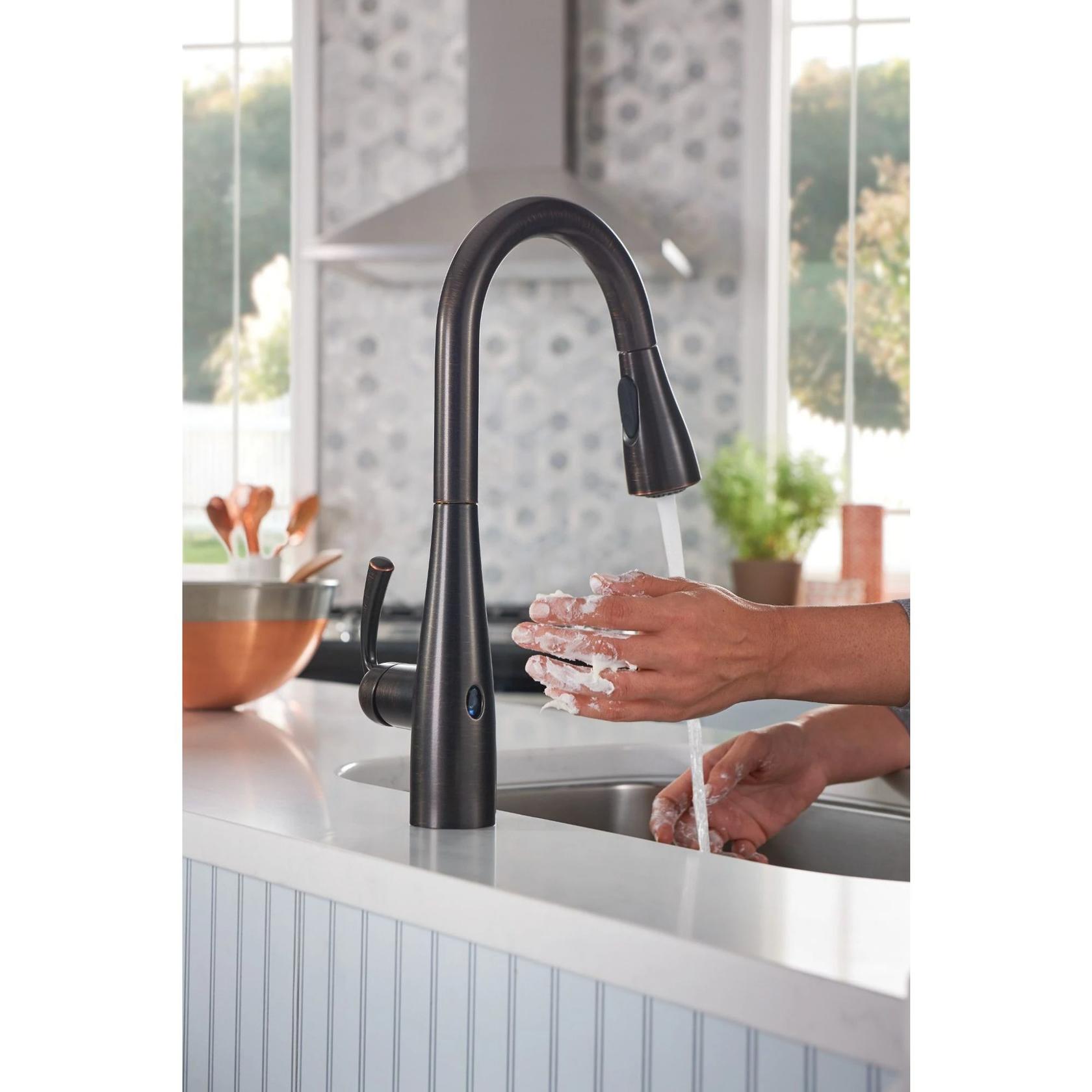 MOEN Essie 87014EWBRB Touchless 1-Handle Pull-Down Sprayer Kitchen Faucet with MotionSense Wave and Power Clean in Mediterranean Bronze