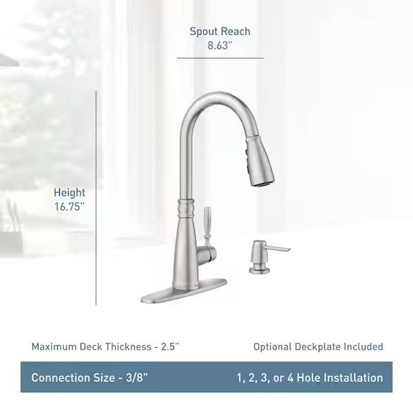 MOEN Boman 87162SRS Single Handle Pull-Down Kitchen Faucet with Soap Dispenser in Spot Resist Stainless - Like New