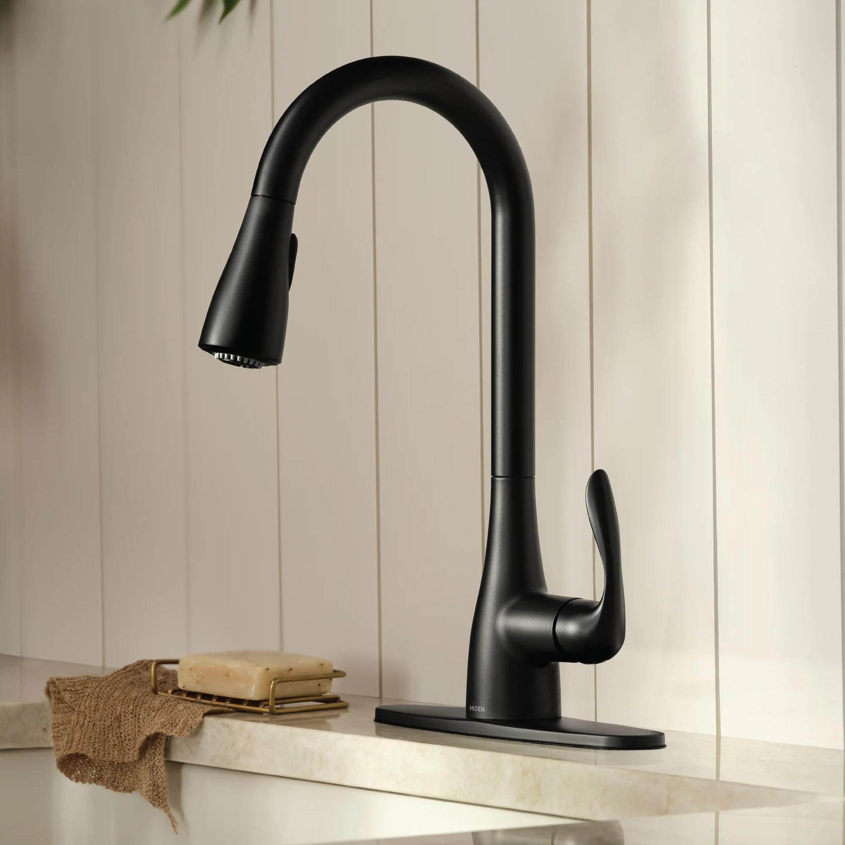 MOEN Georgene 87912BL Single Handle High-Arc Kitchen Faucet in Matte Black (Deck Plate Included)
