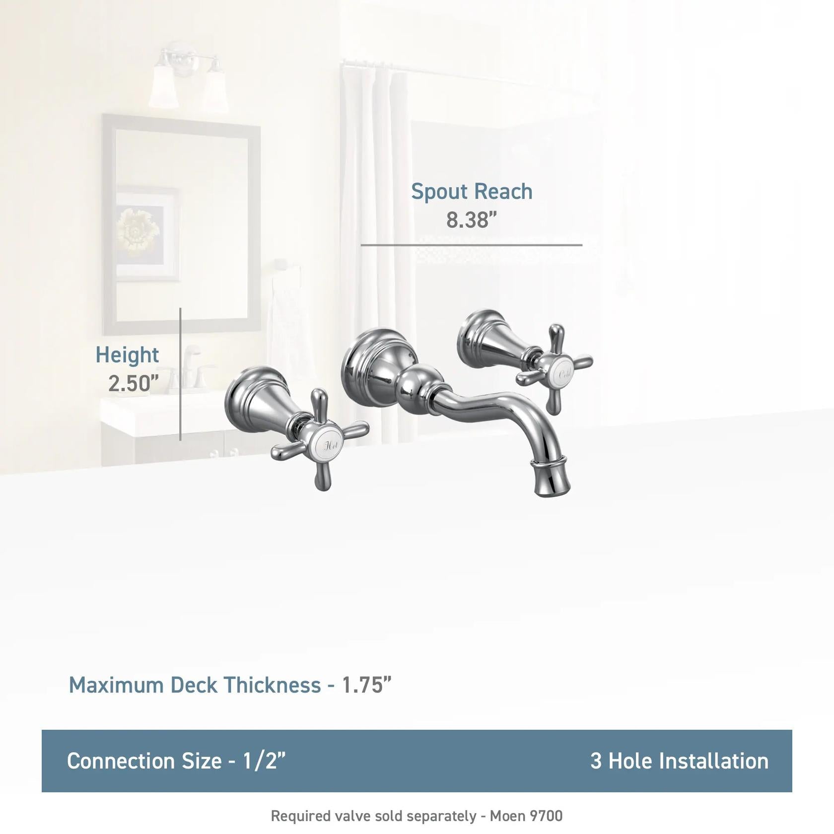 MOEN Weymouth TS42112 Wall Mount Cross Handle Bathroom Faucet Trim in Polished Chrome (Valve Required)