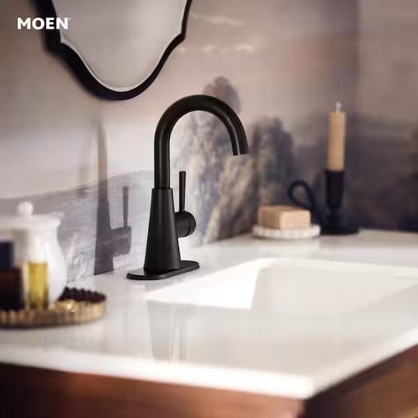 MOEN Jase 64430BL 1.2 GPM, One-Handle Single-Hole Bathroom Faucet in Matte Black