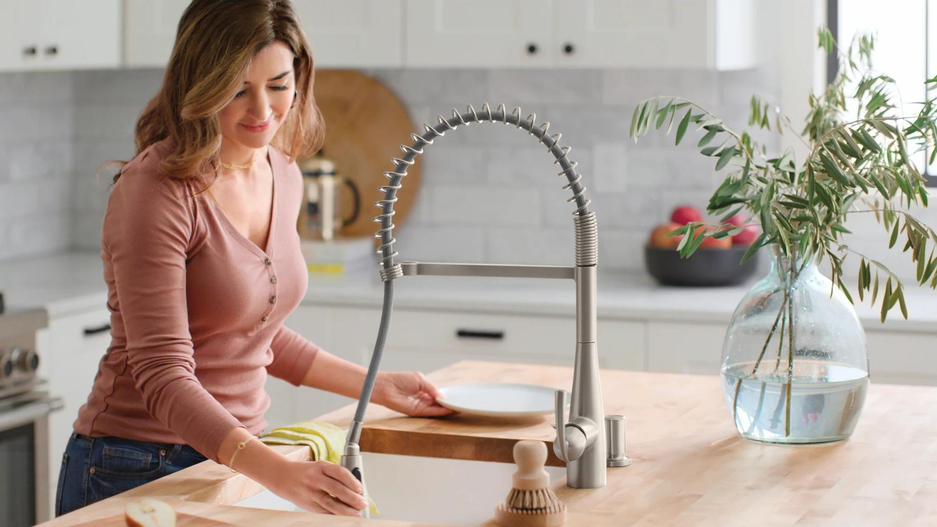 MOEN Essie 87814SRS Single-Handle Pre-Rinse Spring Pulldown Sprayer Kitchen Faucet with Power Clean in Spot Resist Stainless