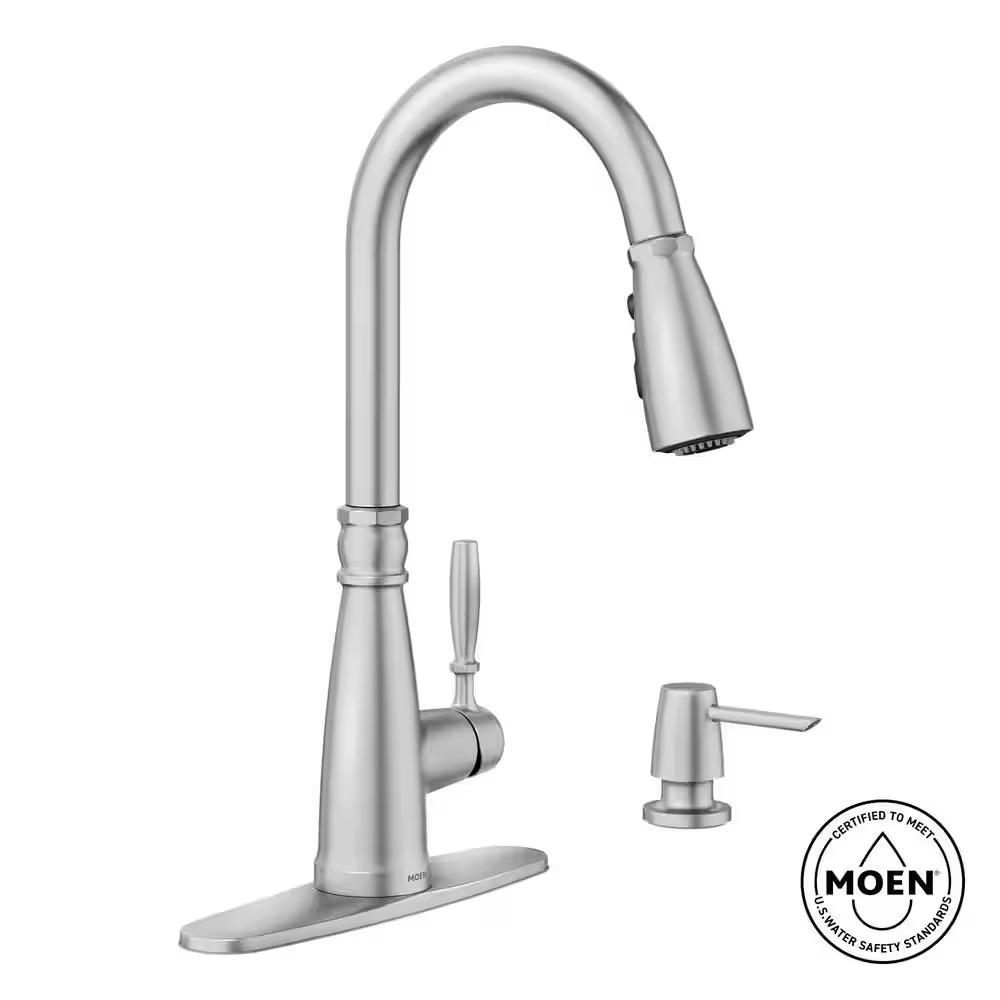MOEN Boman 87162SRS Single Handle Pull-Down Kitchen Faucet with Soap Dispenser in Spot Resist Stainless - Like New