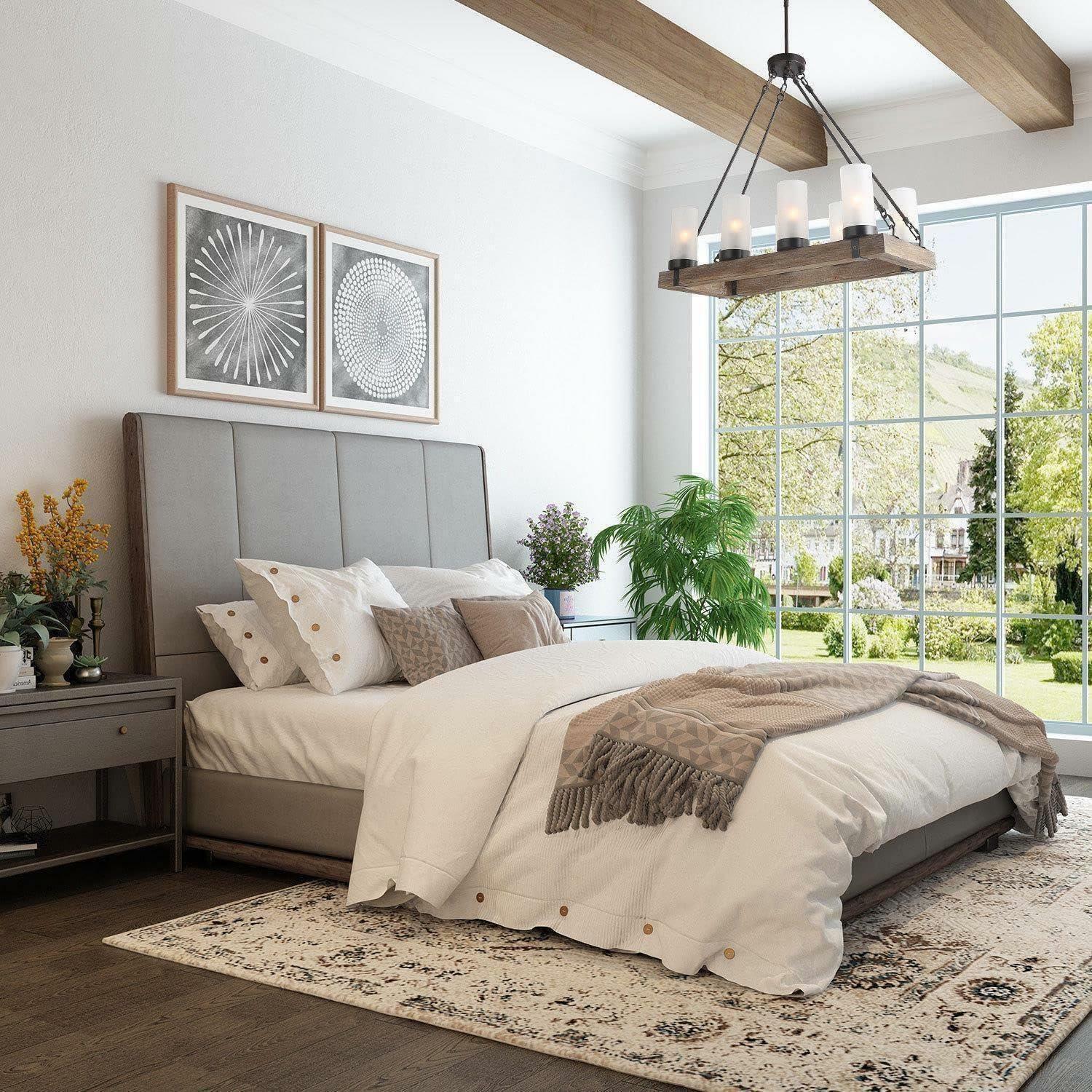 Wood Chandelier Farmhouse 8-Light Brown Linear Black Chandelier Island Pendant Light with Frosted Cylinder Glass Shades - Like New