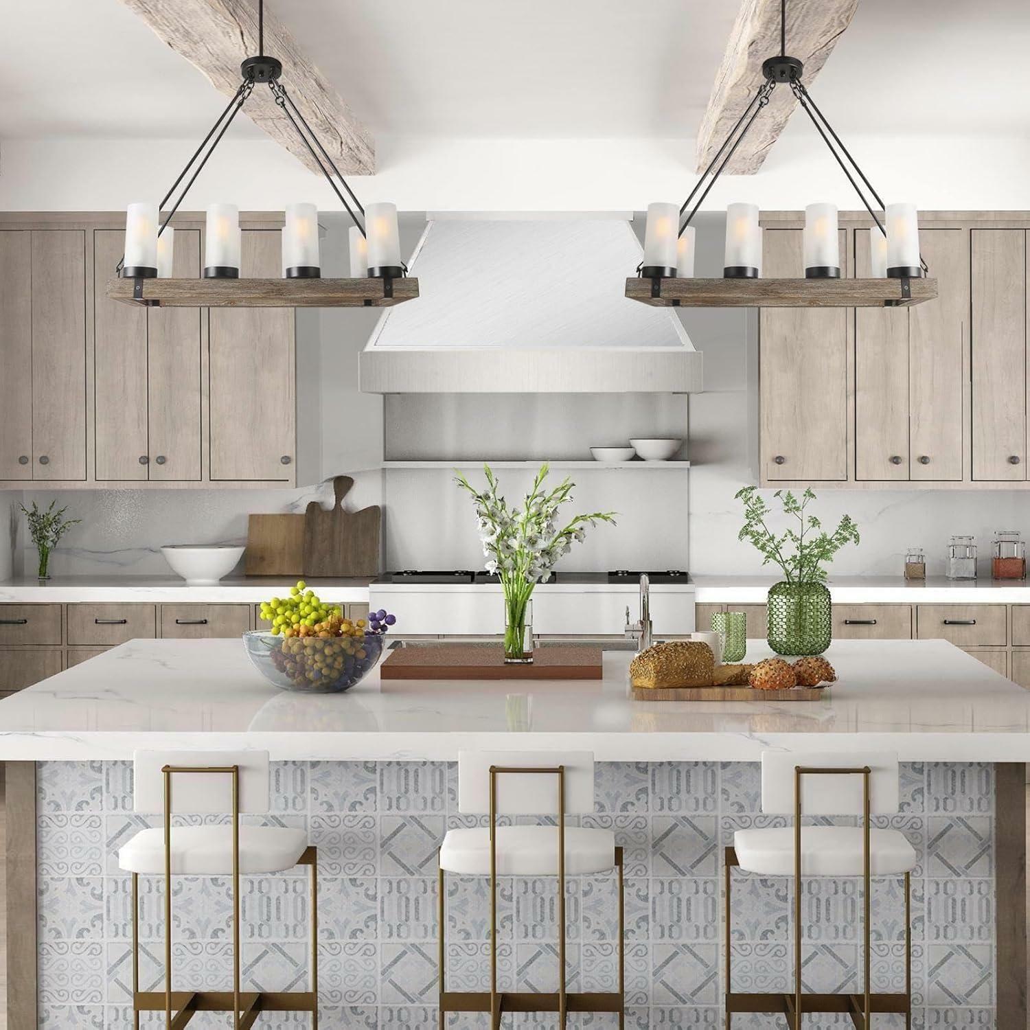 Wood Chandelier Farmhouse 8-Light Brown Linear Black Chandelier Island Pendant Light with Frosted Cylinder Glass Shades - Like New