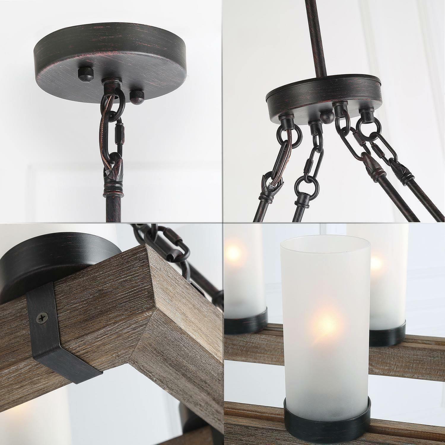 Wood Chandelier Farmhouse 8-Light Brown Linear Black Chandelier Island Pendant Light with Frosted Cylinder Glass Shades - Like New