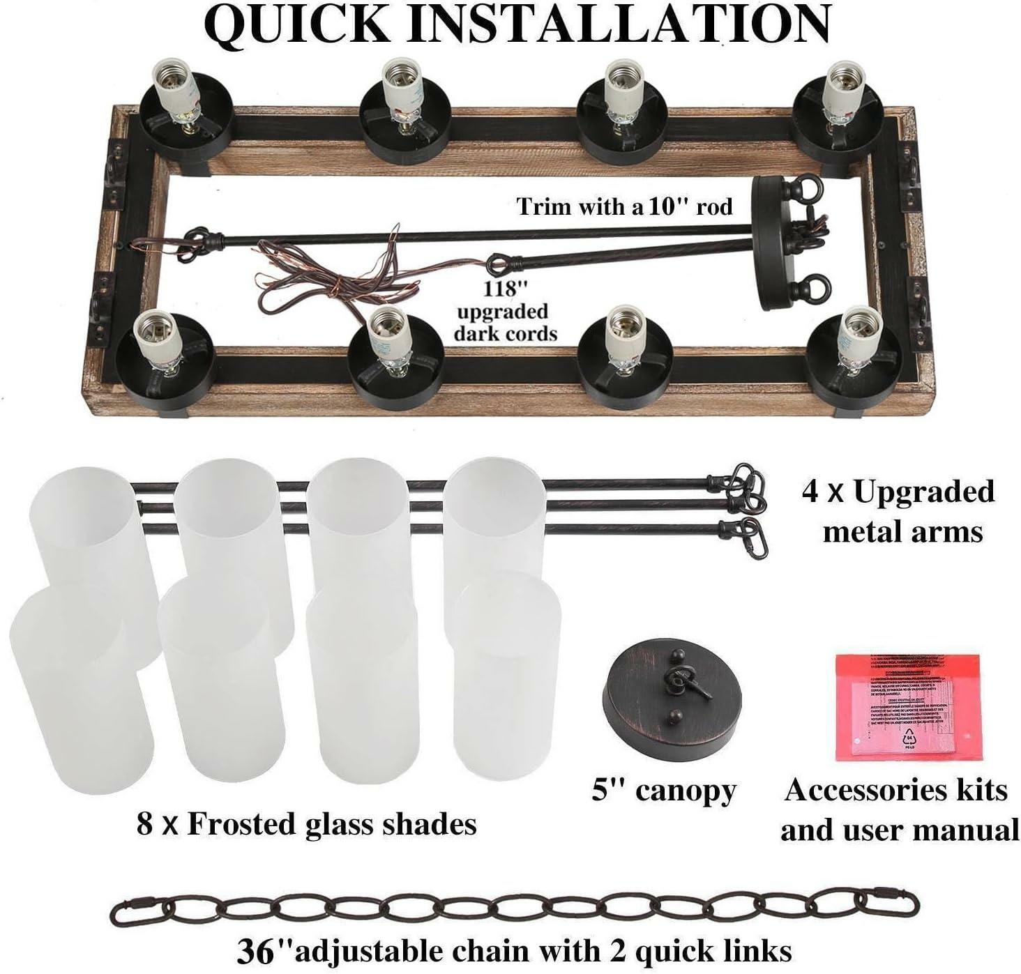 Wood Chandelier Farmhouse 8-Light Brown Linear Black Chandelier Island Pendant Light with Frosted Cylinder Glass Shades - Like New