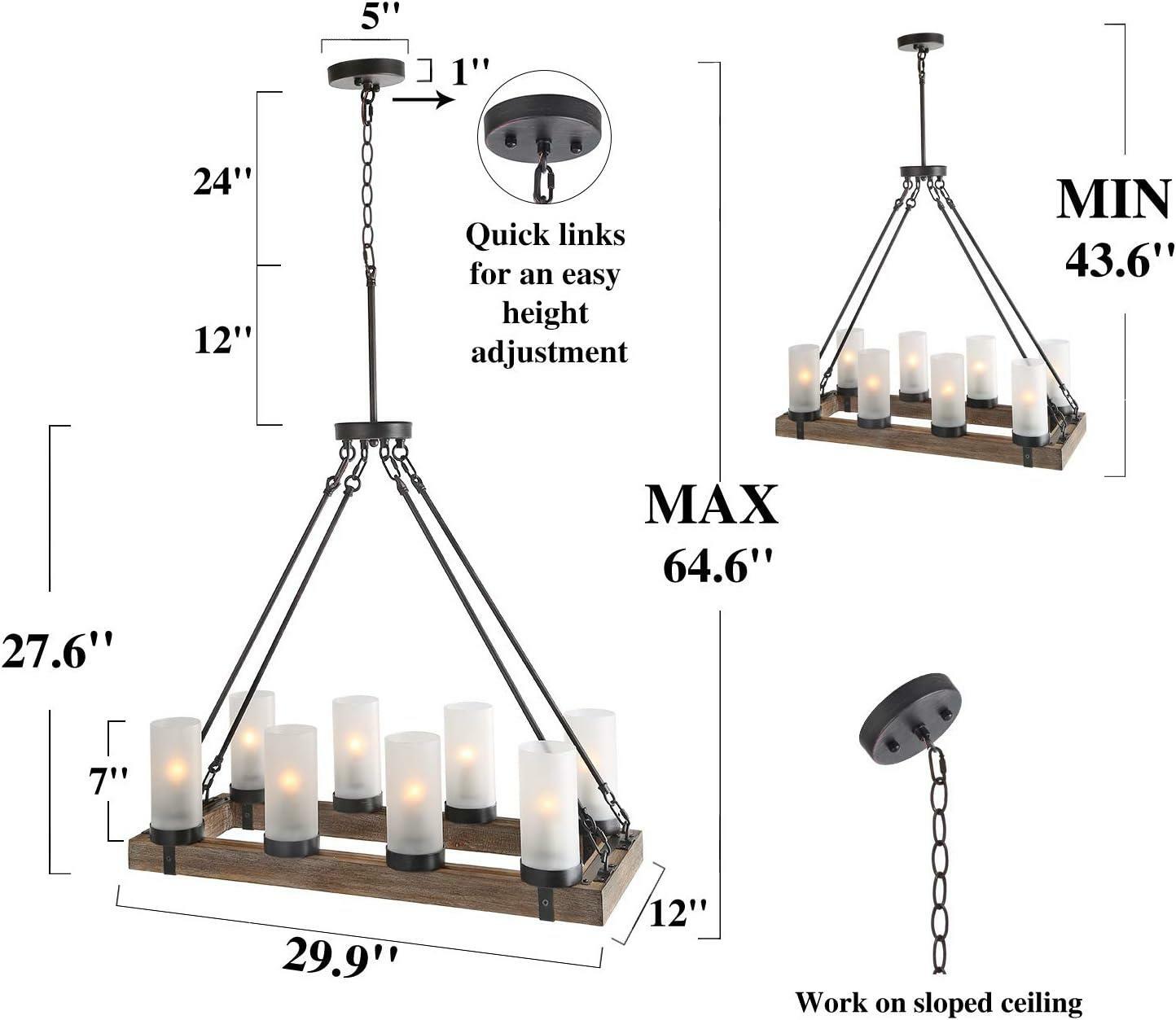 Wood Chandelier Farmhouse 8-Light Brown Linear Black Chandelier Island Pendant Light with Frosted Cylinder Glass Shades - Like New