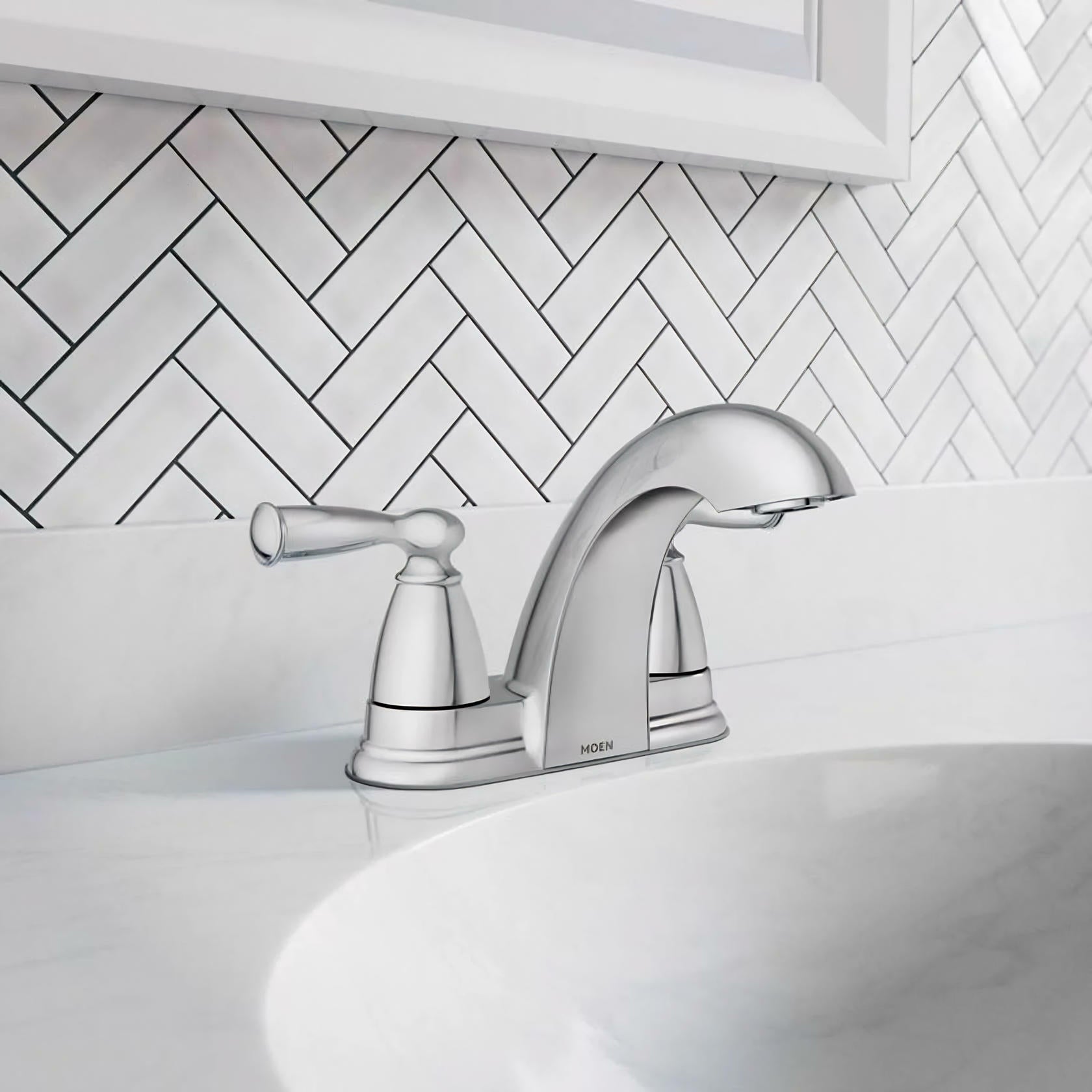 MOEN Banbury 84942 Centerset Double Handle Low-Arc Bathroom Faucet in Chrome