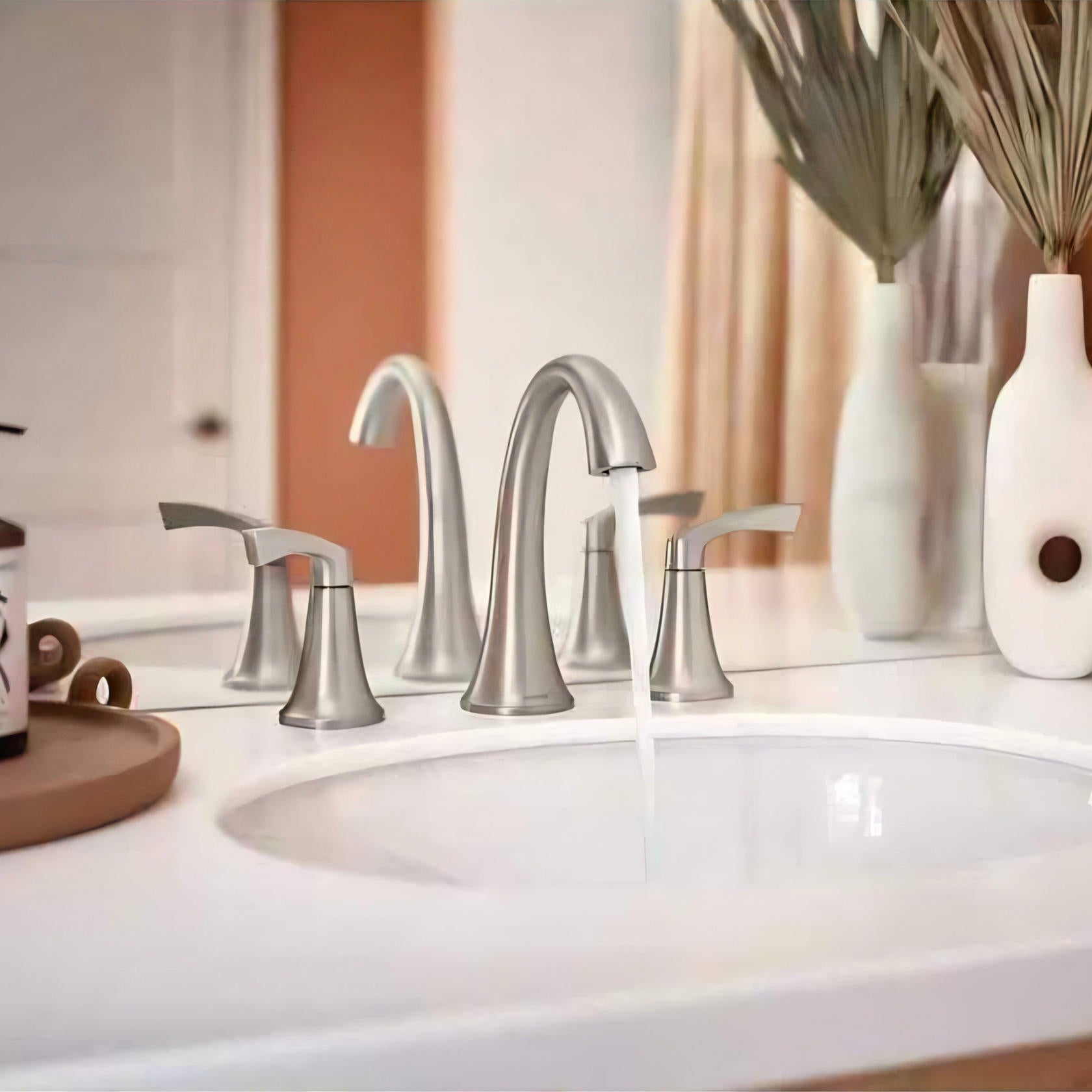 MOEN Korek 84468SRN Widespread Double Handle High-Arc Bathroom Faucet in Spot Resist Brushed Nickel (Valve Included)