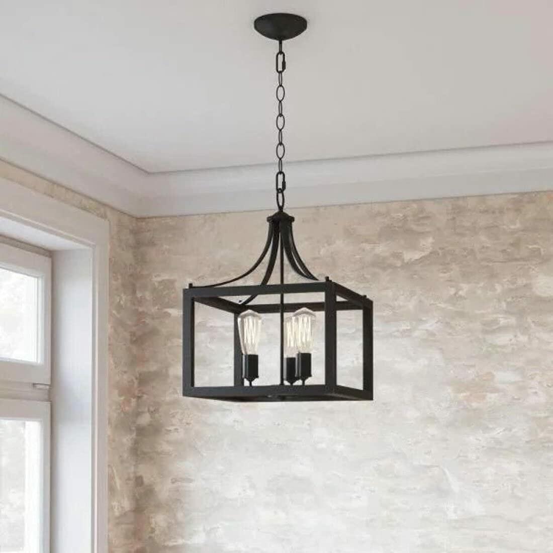 Hampton Bay Boswell Quarter Distressed Black Farmhouse Chandelier, 3-Light Pendant Chandelier/Fresh Three-Light Pendant/Vintage Bulbs to Enhance Features in Kitchen - Like New