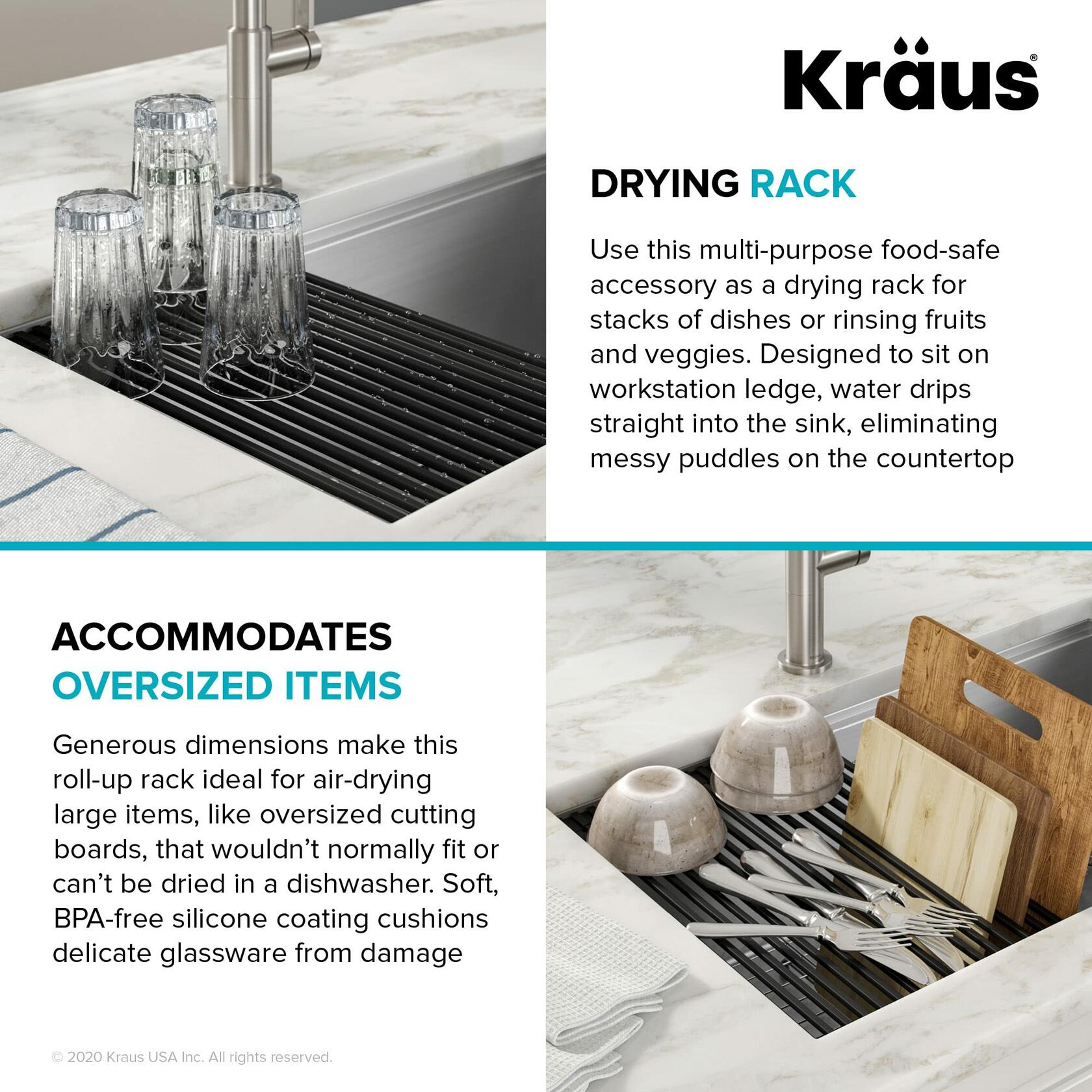 Kraus Multipurpose Workstation Sink Roll-Up Dish Drying Rack, Colander and Trivet in Black, KRM-11BL