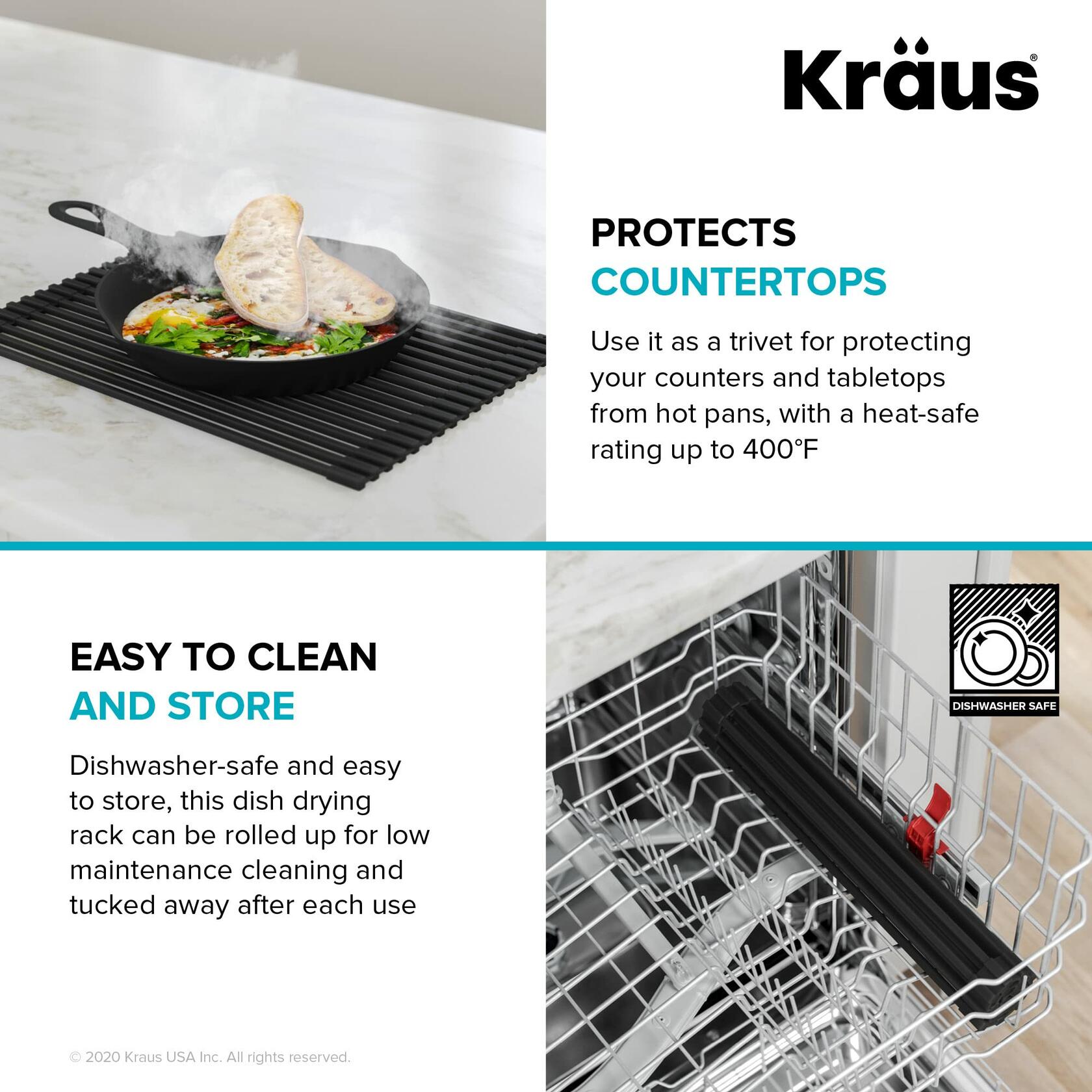 Kraus Multipurpose Workstation Sink Roll-Up Dish Drying Rack, Colander and Trivet in Black, KRM-11BL