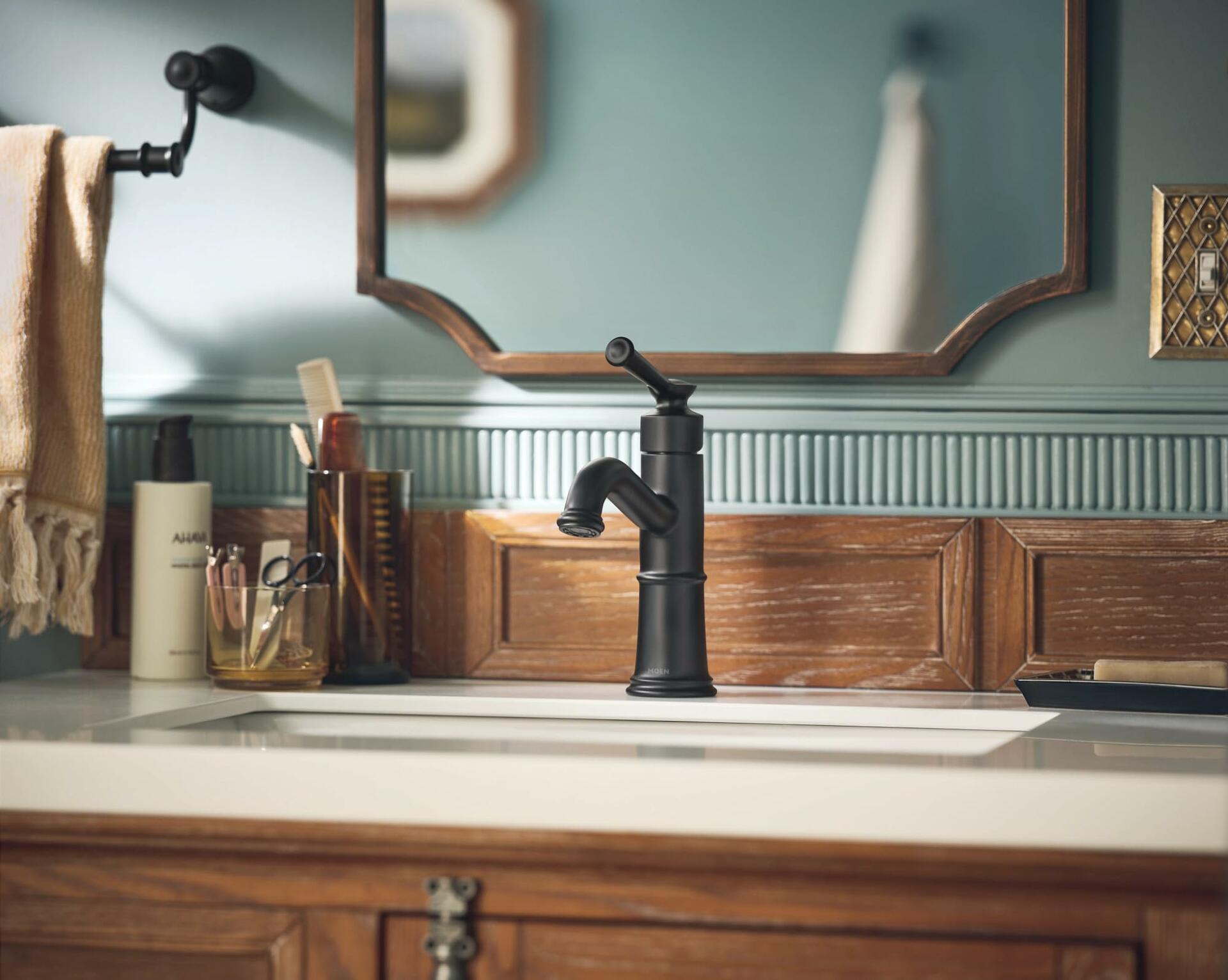MOEN Belfield 6402BL One-Handle Bathroom Sink Faucet with Drain Assembly in Matte Black
