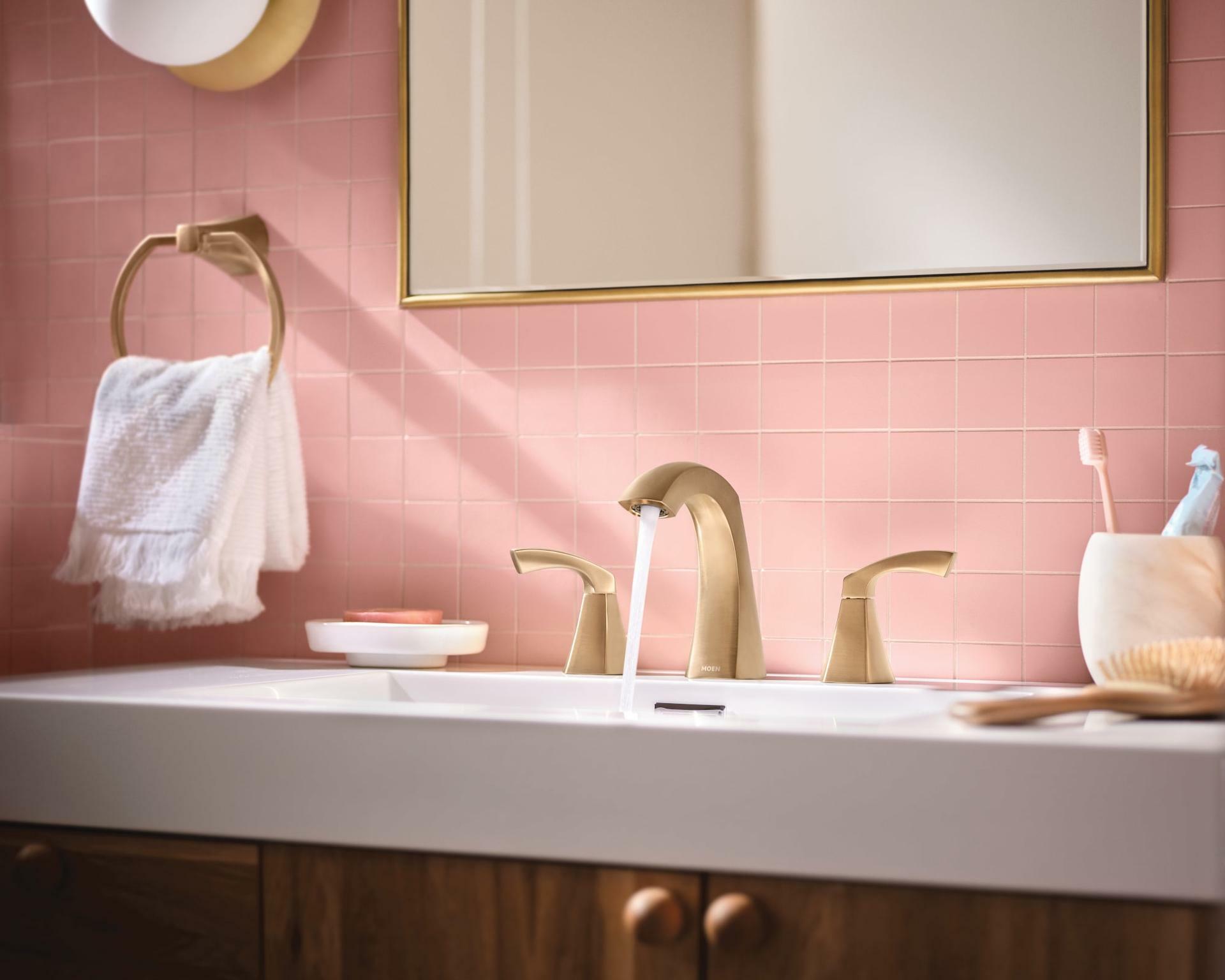 MOEN Lindor 84504BG Widespread Two Handle High-Arc Bathroom Sink Faucet in Brushed Gold