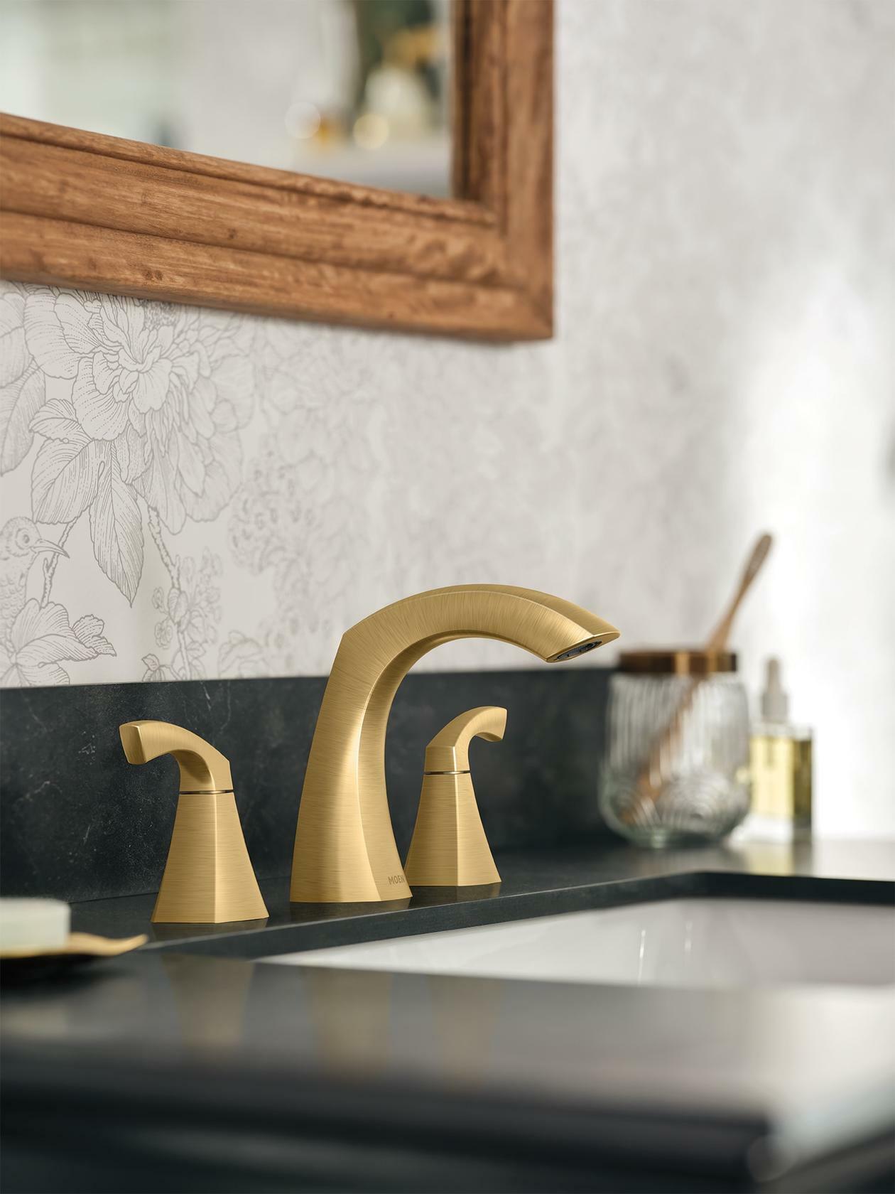 MOEN Lindor 84504BG Widespread Two Handle High-Arc Bathroom Sink Faucet in Brushed Gold