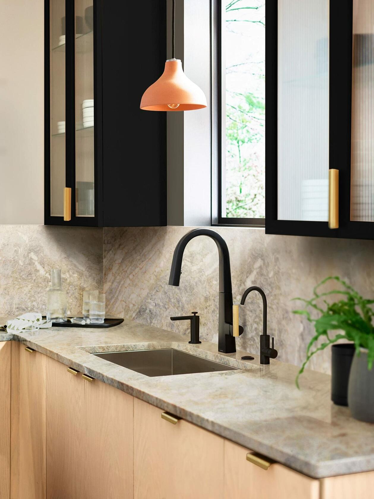 MOEN S3947BL Modern Deck Mounted Kitchen Soap Dispenser with Above the Sink Refillable Bottle in Matte Black