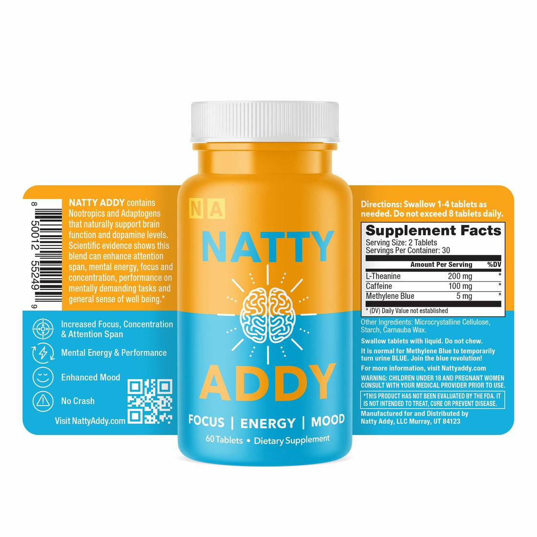 Natty Addy Maximum Strength Brain Support - Methylene Blue Pharmaceutical Grade, Caffeine and L-Theanine - Focus Supplement 60 caps
