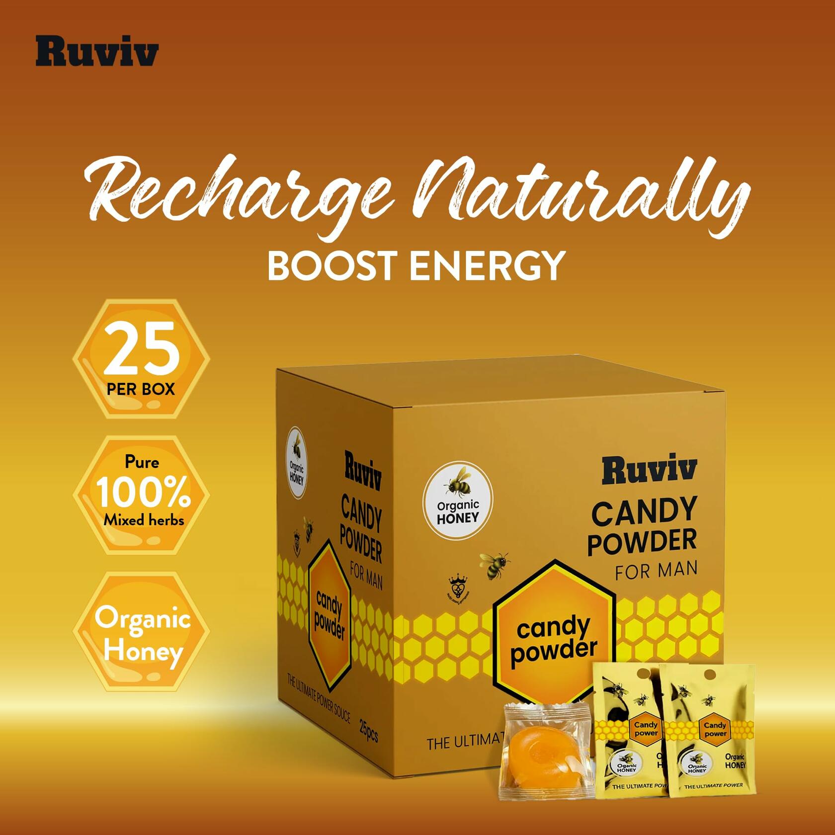 Pure Honey Candy with Coffee, Ginseng & Natural Herbs For Male, Full Box of 25 Count