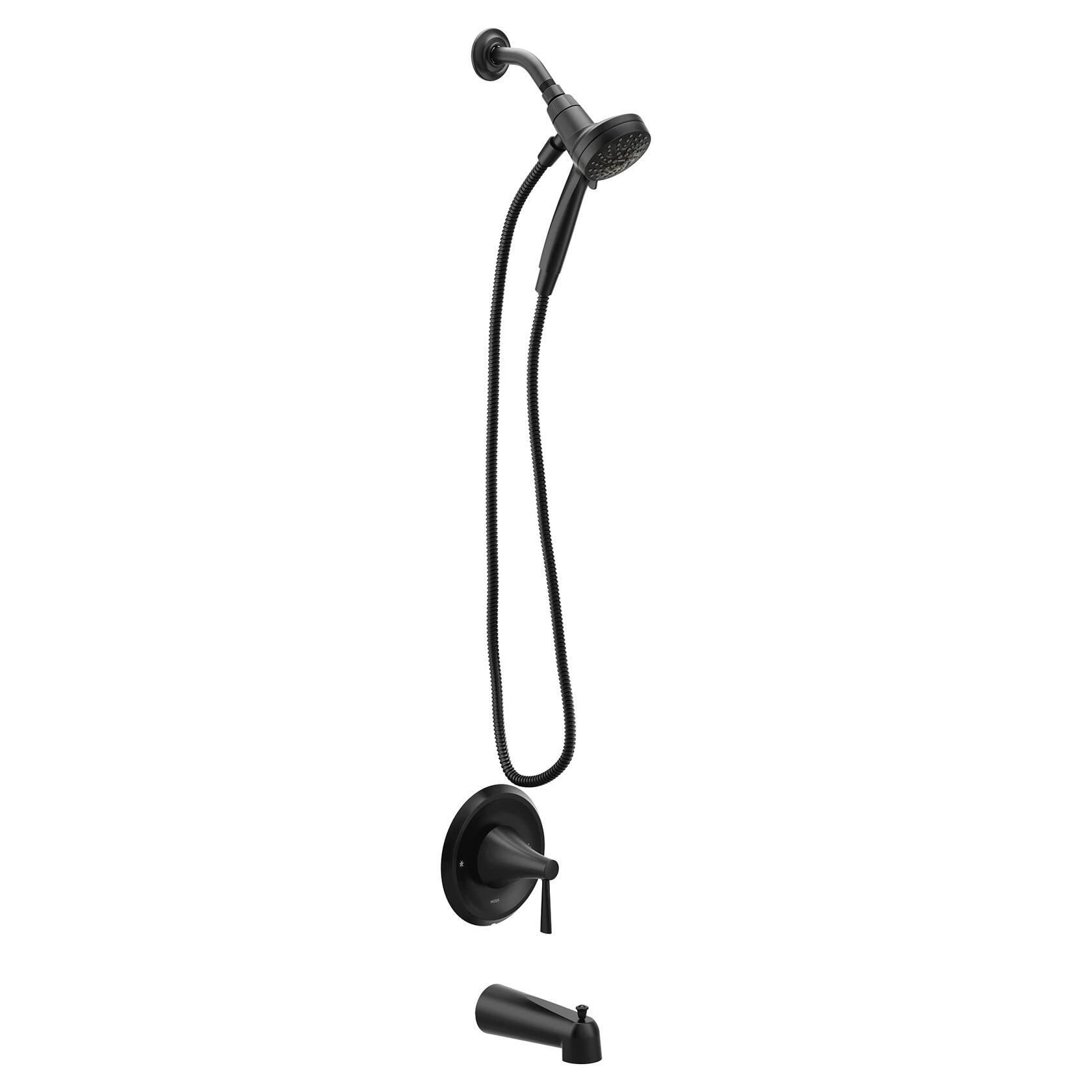 Moen Ronan Matte Black Single-Handle Modern Tub and Shower Faucet with Round Handheld Rain Shower Spray Head Featuring Magnetix, Valve Included, 82021BL