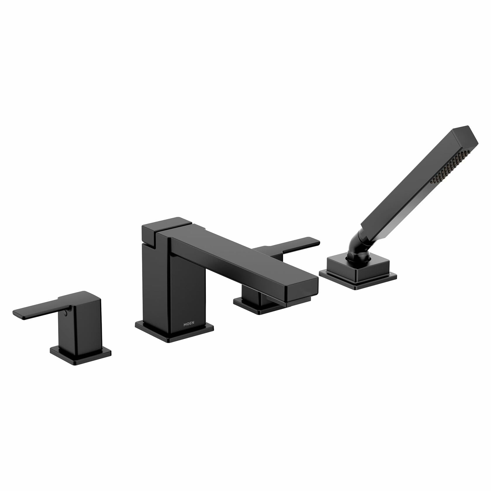 MOEN 90 Degree TS914BL Two-Handle Deck Mount Roman Tub Faucet Trim Kit with Handshower in Matte Black (Valve Required)