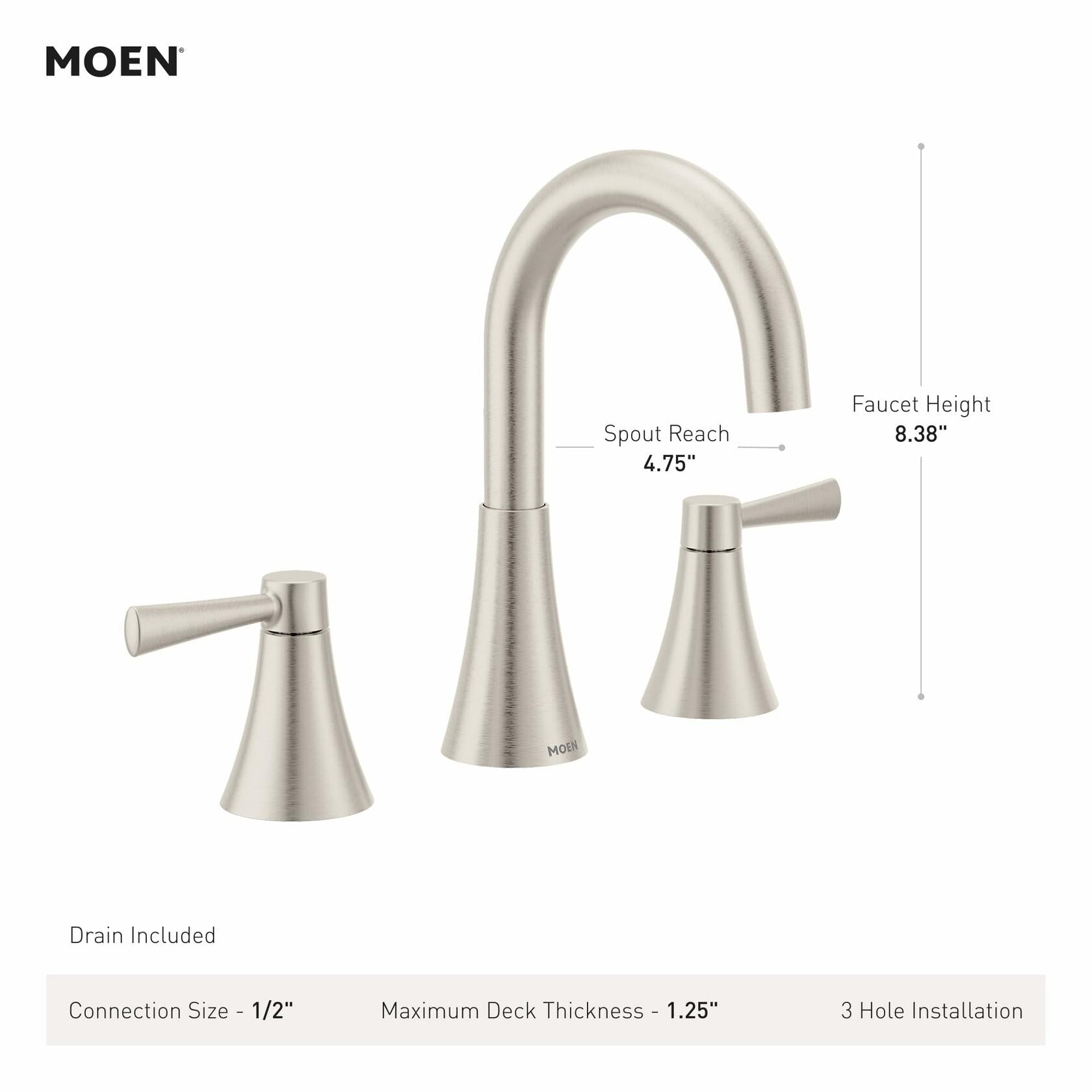 Moen Ronan Spot Resist Brushed Nickel Two-Handle Widespread Modern Bathroom Faucet, Valve Included, 84023SRN - Like New