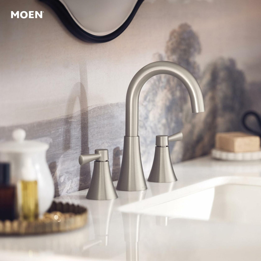 Moen Ronan Spot Resist Brushed Nickel Two-Handle Widespread Modern Bathroom Faucet, Valve Included, 84023SRN - Like New