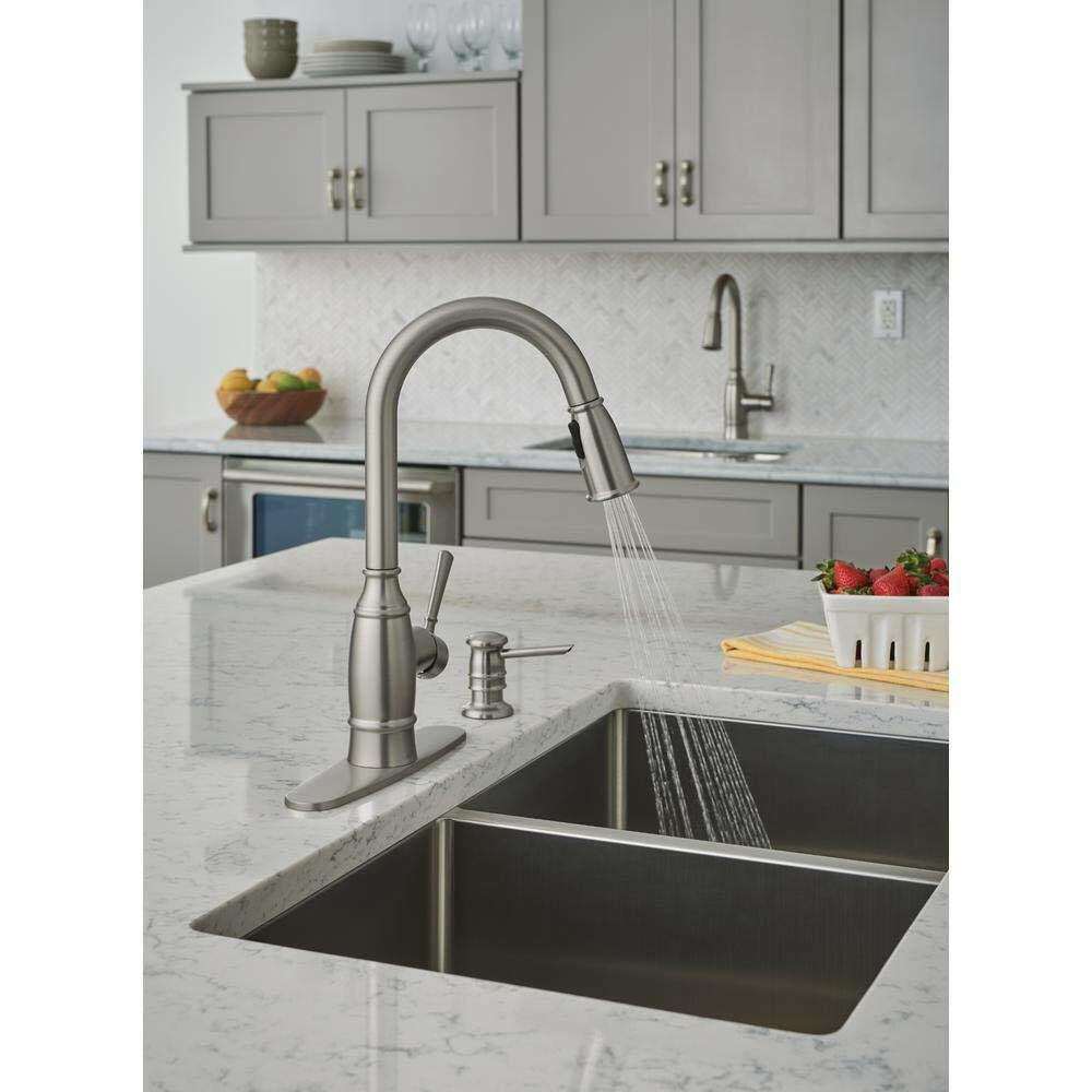 MOEN Noell 87791SRS One-Handle Pull-Down Kitchen Faucet with Soap Dispenser in Spot Resist Stainless - Like New