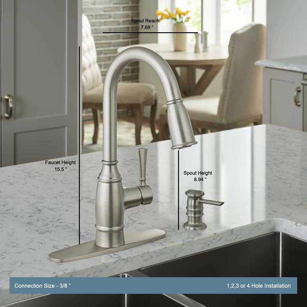 MOEN Noell 87791SRS One-Handle Pull-Down Kitchen Faucet with Soap Dispenser in Spot Resist Stainless - Like New