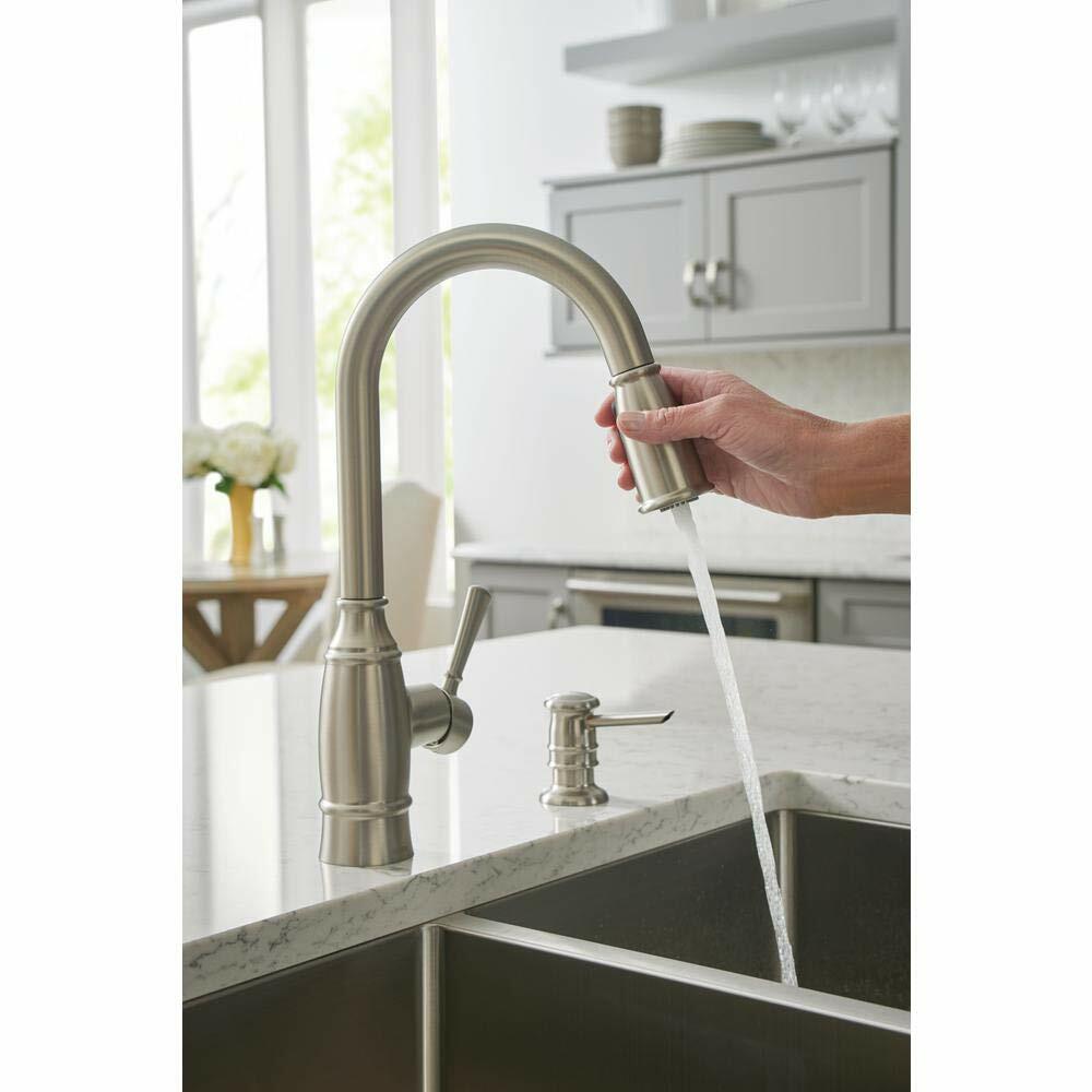 MOEN Noell 87791SRS One-Handle Pull-Down Kitchen Faucet with Soap Dispenser in Spot Resist Stainless - Like New